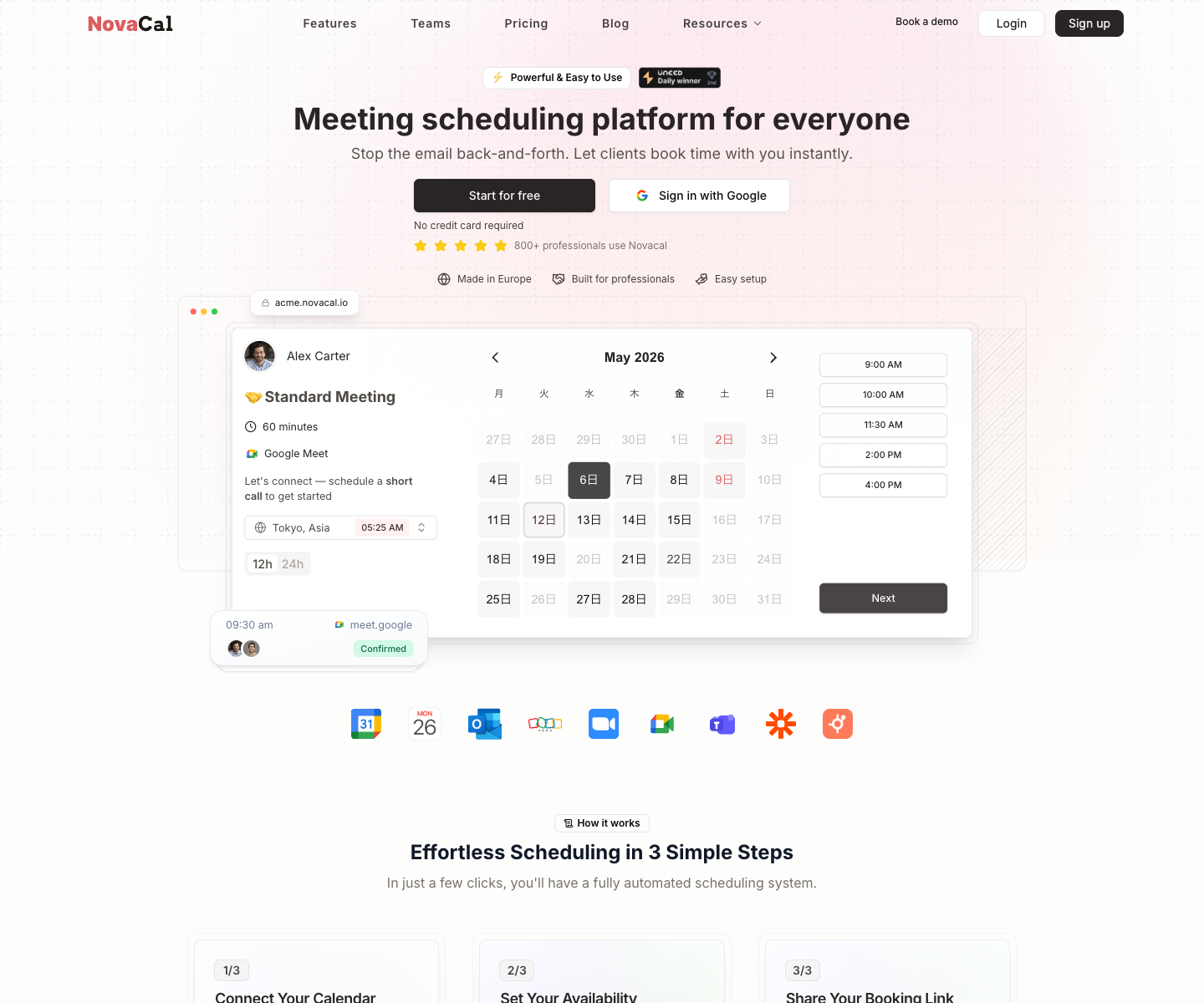 Novacal landing page screenshot