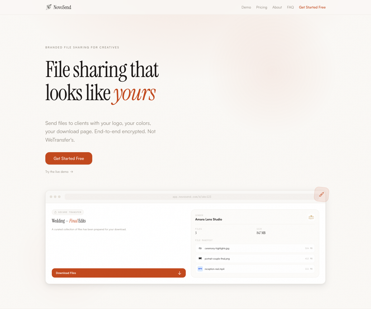 NovoSend landing page screenshot