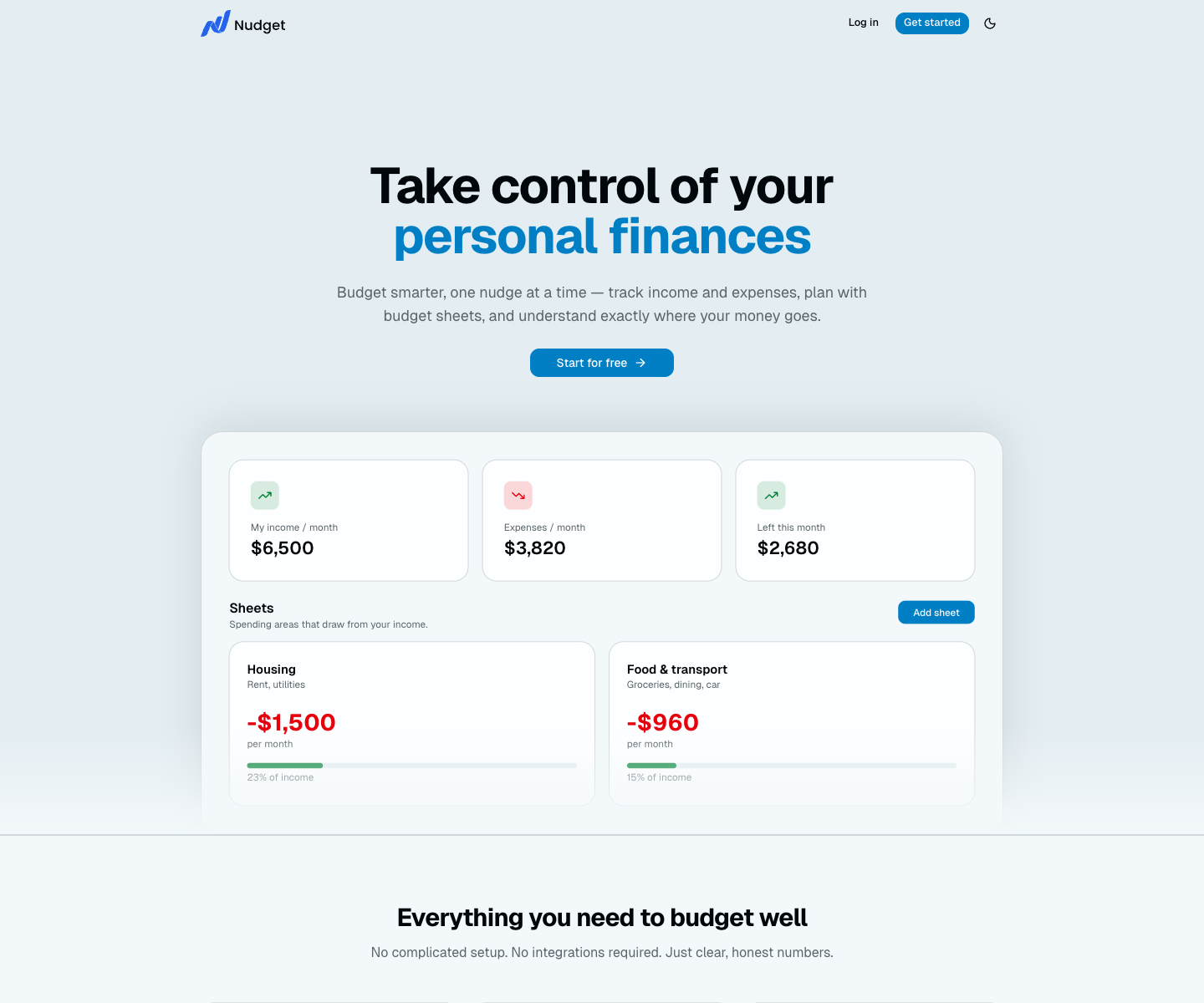 Nudget landing page screenshot