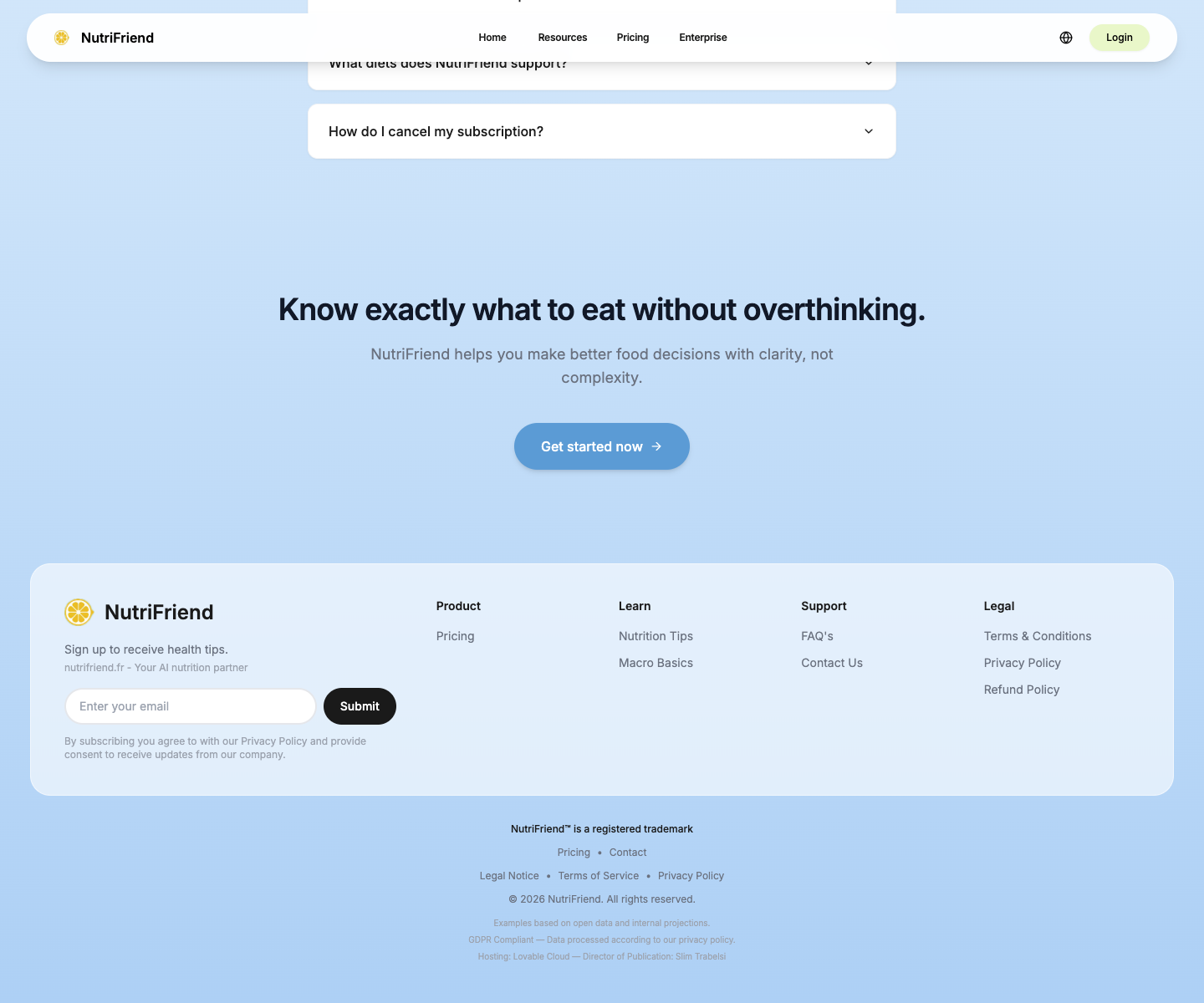 NutriFriend landing page screenshot