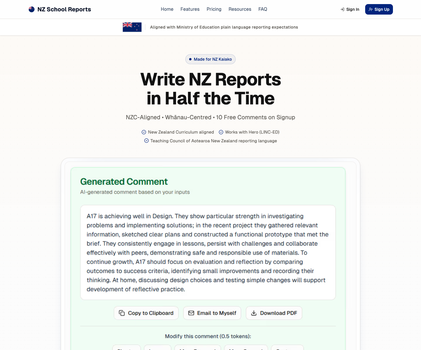 NZ School Reports landing page screenshot
