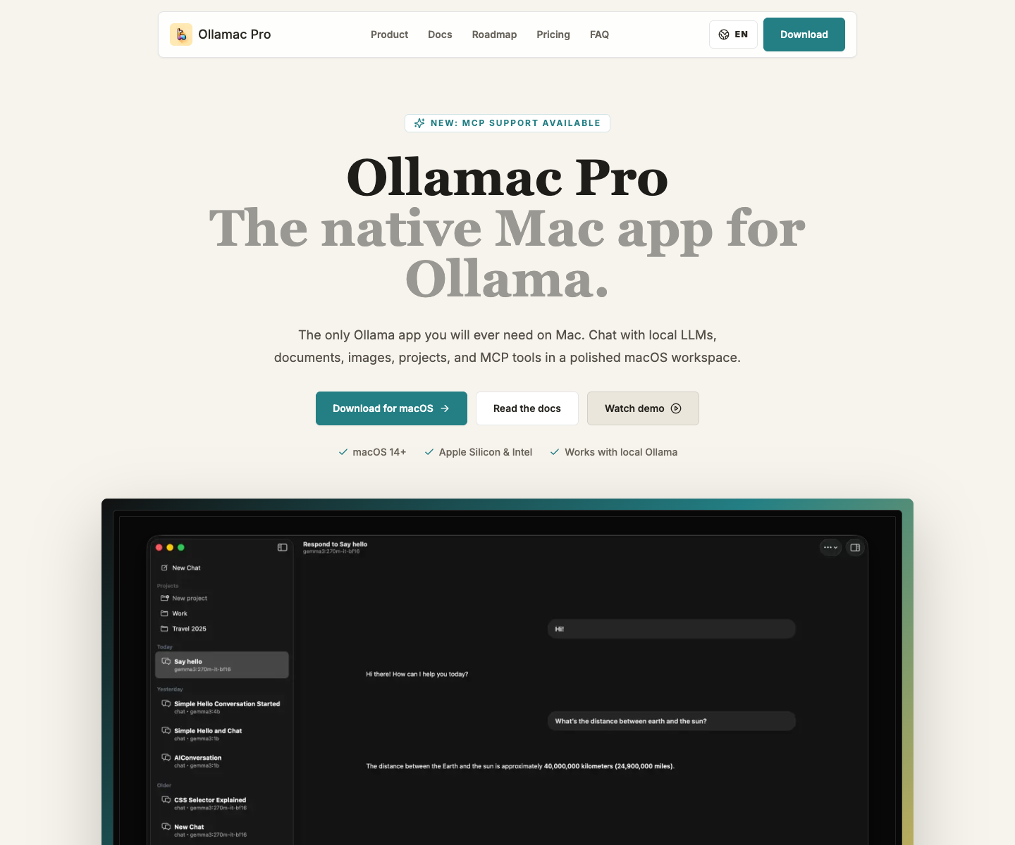 Ollamac Pro landing page screenshot