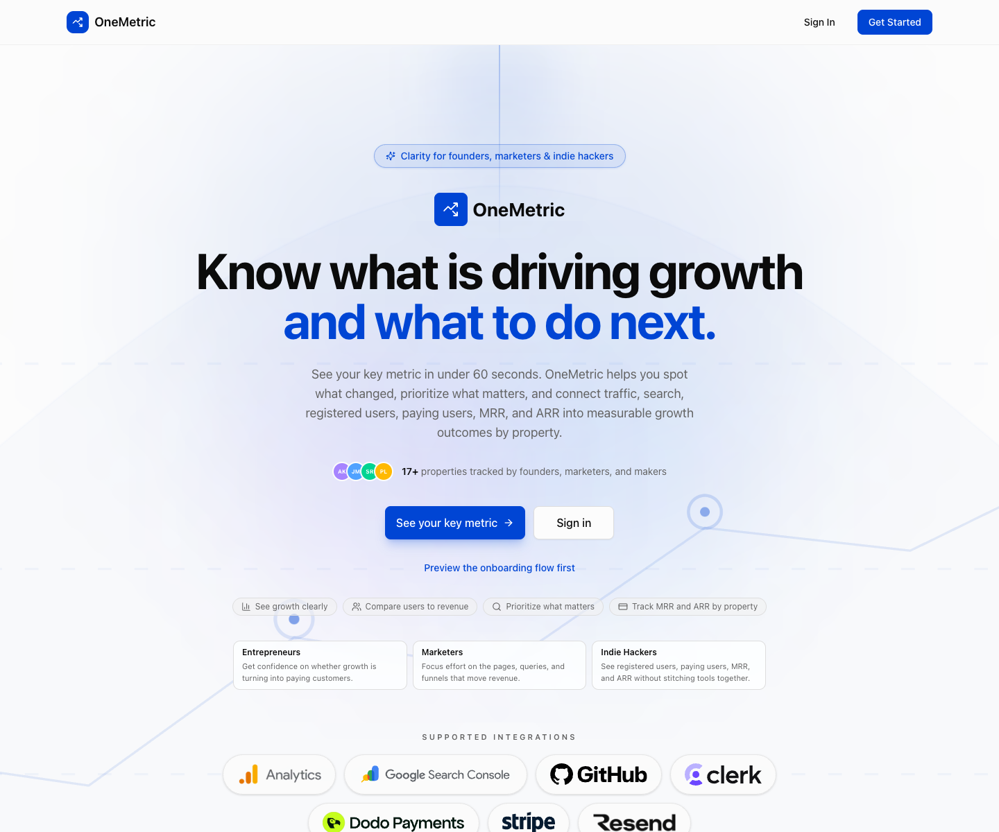 OneMetric landing page screenshot