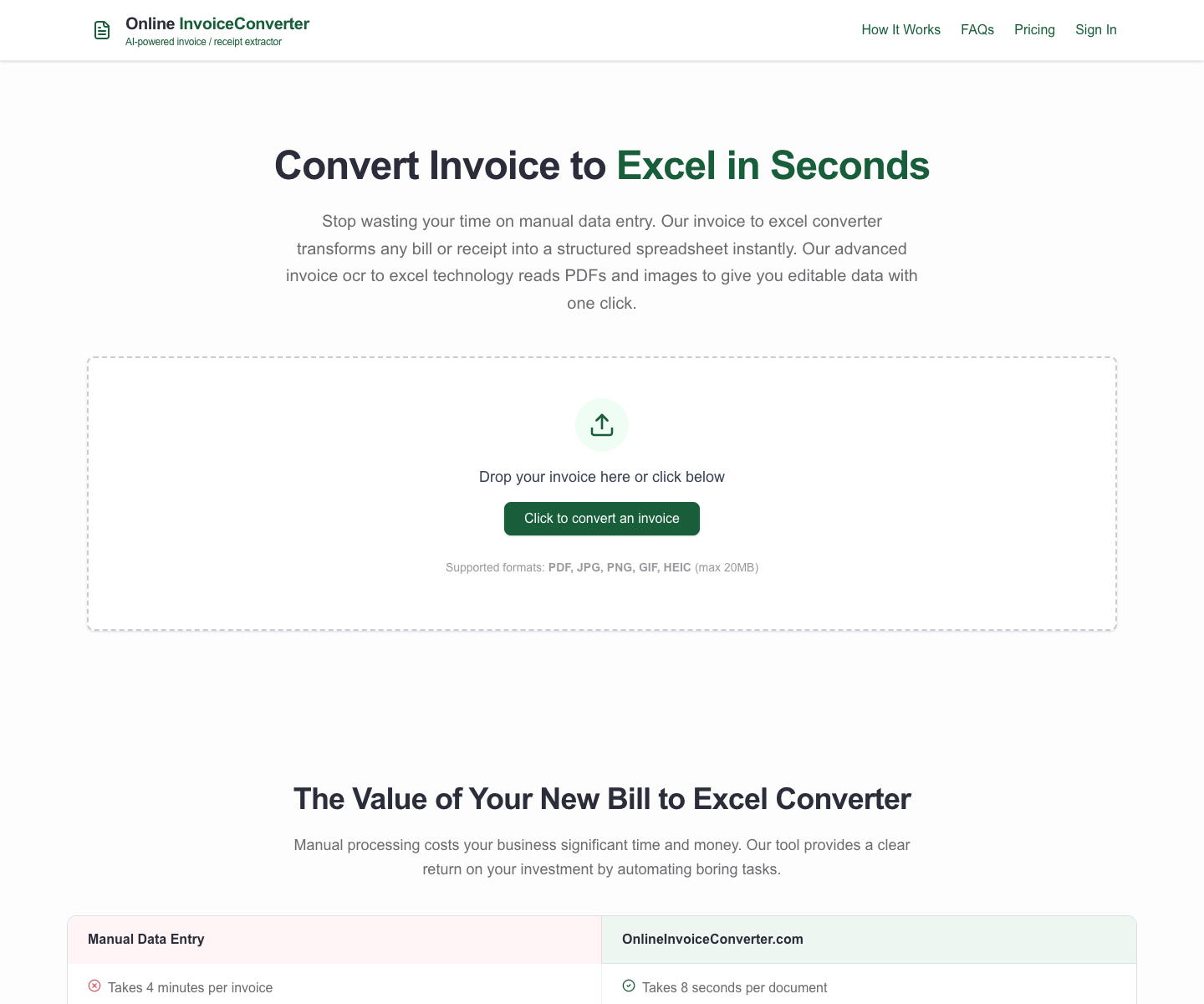 online invoiceconverter landing page screenshot