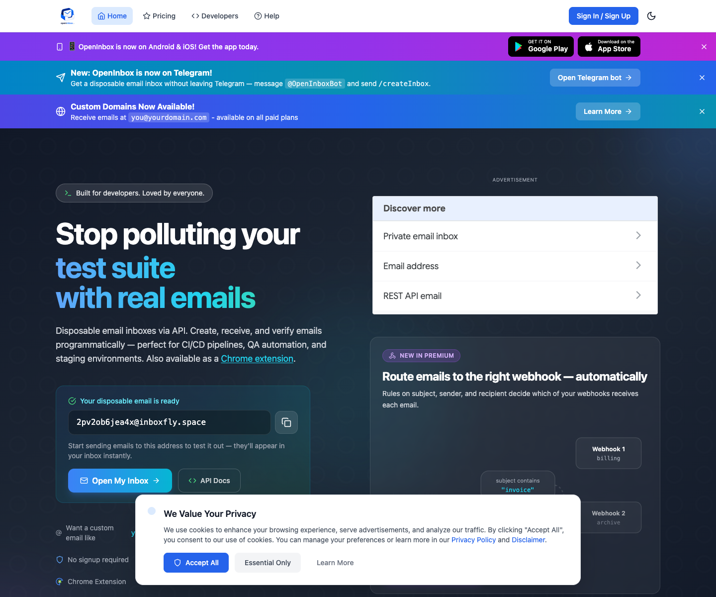 OpenInbox.io landing page screenshot