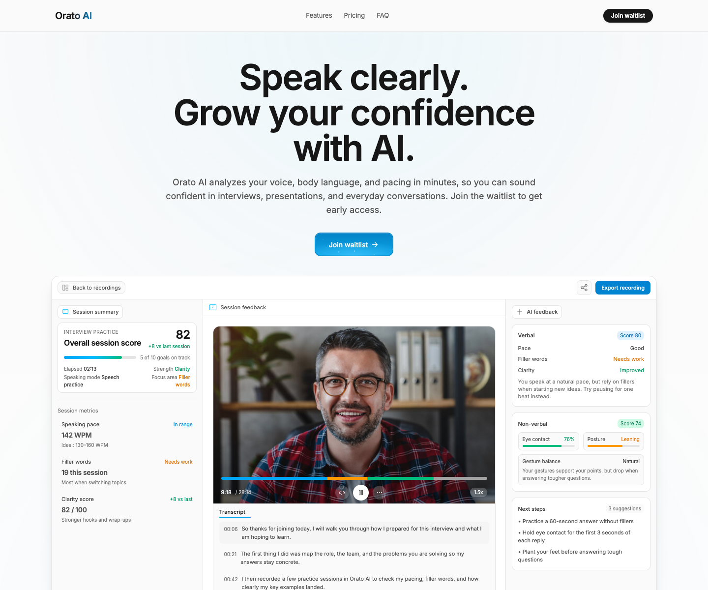 Orato AI: Speak clearly. Grow your confidence with AI. landing page screenshot