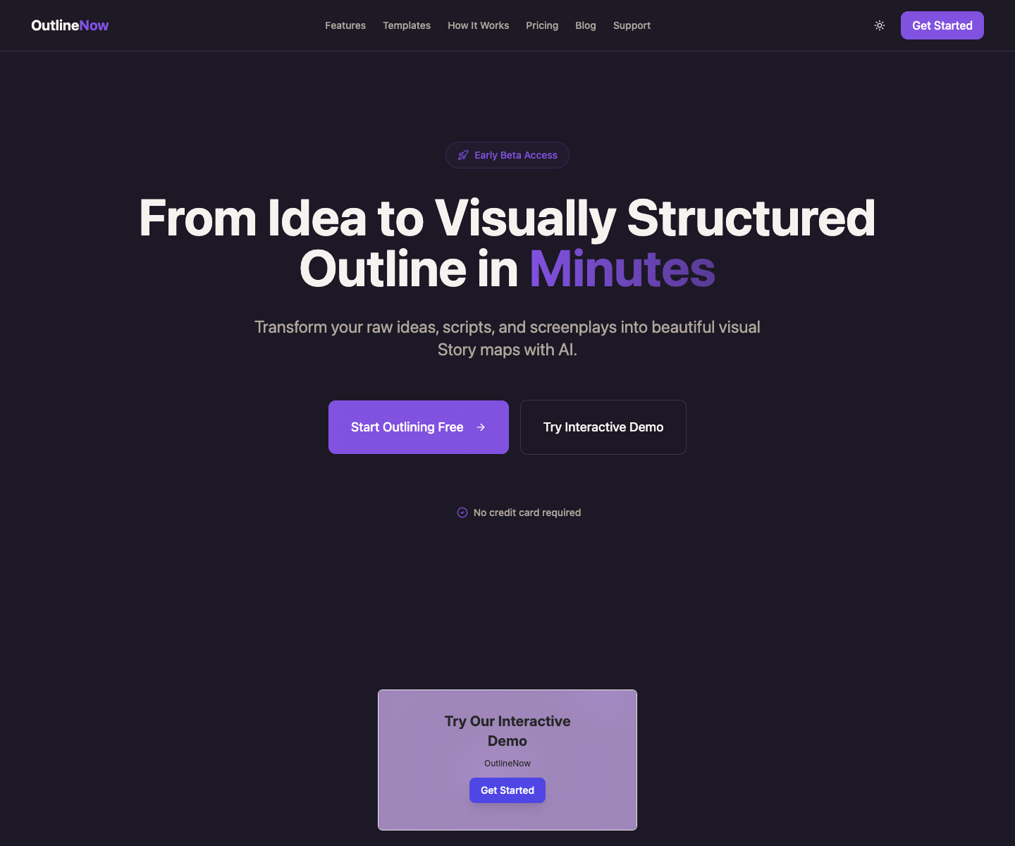Outlinenow landing page screenshot