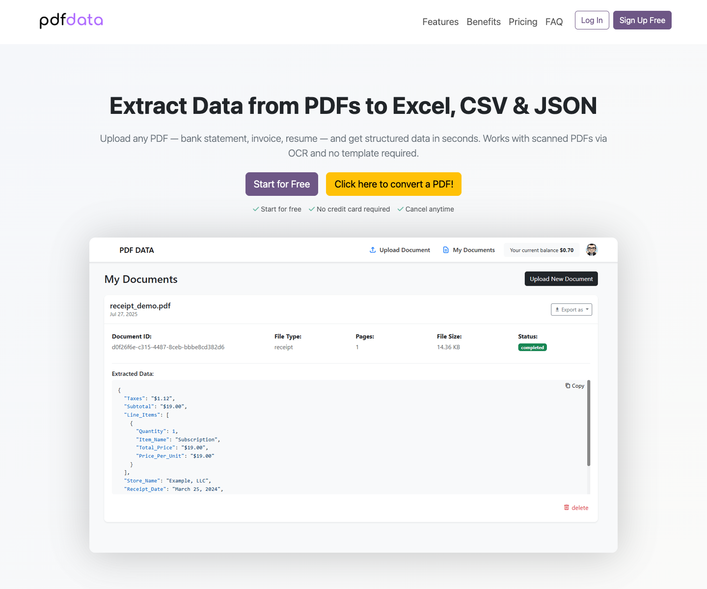 PDFData landing page screenshot