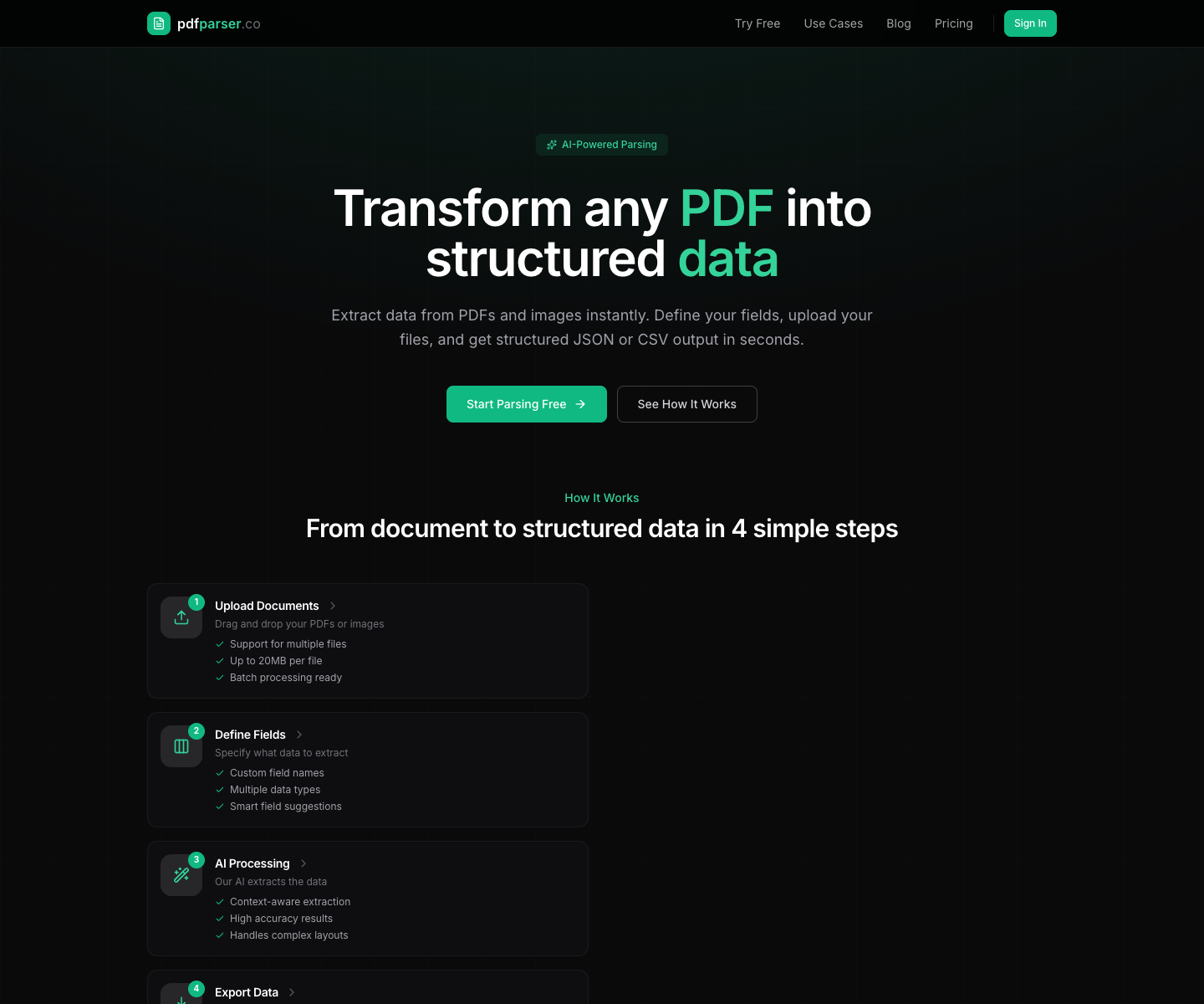 PDFParser landing page screenshot