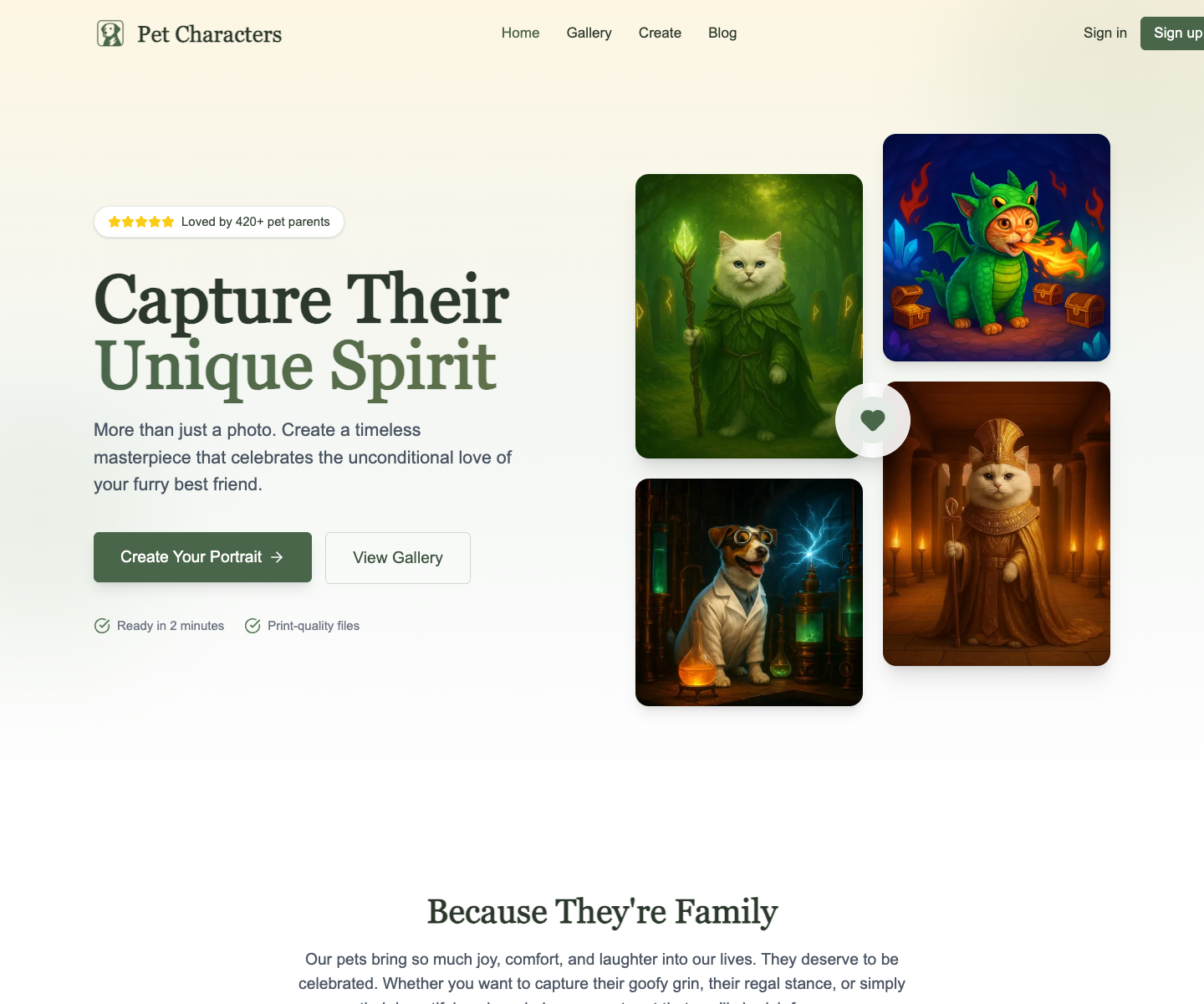 Pet Characters landing page screenshot
