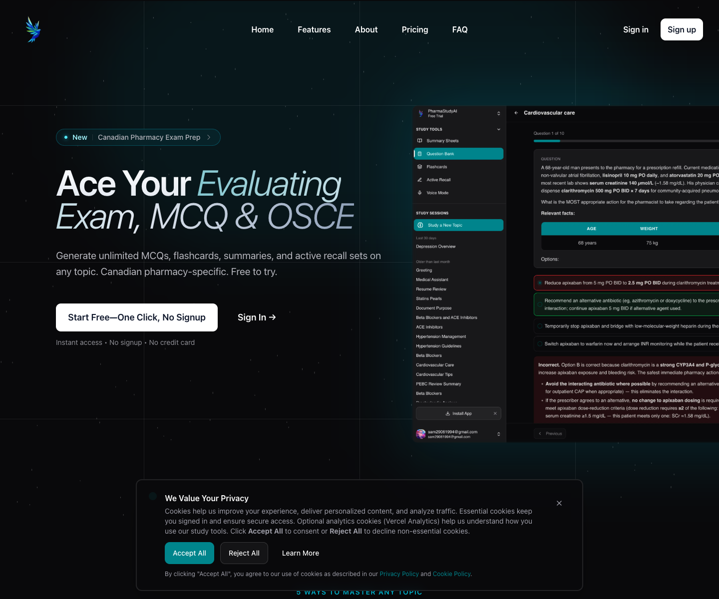 PharmaStudy AI landing page screenshot