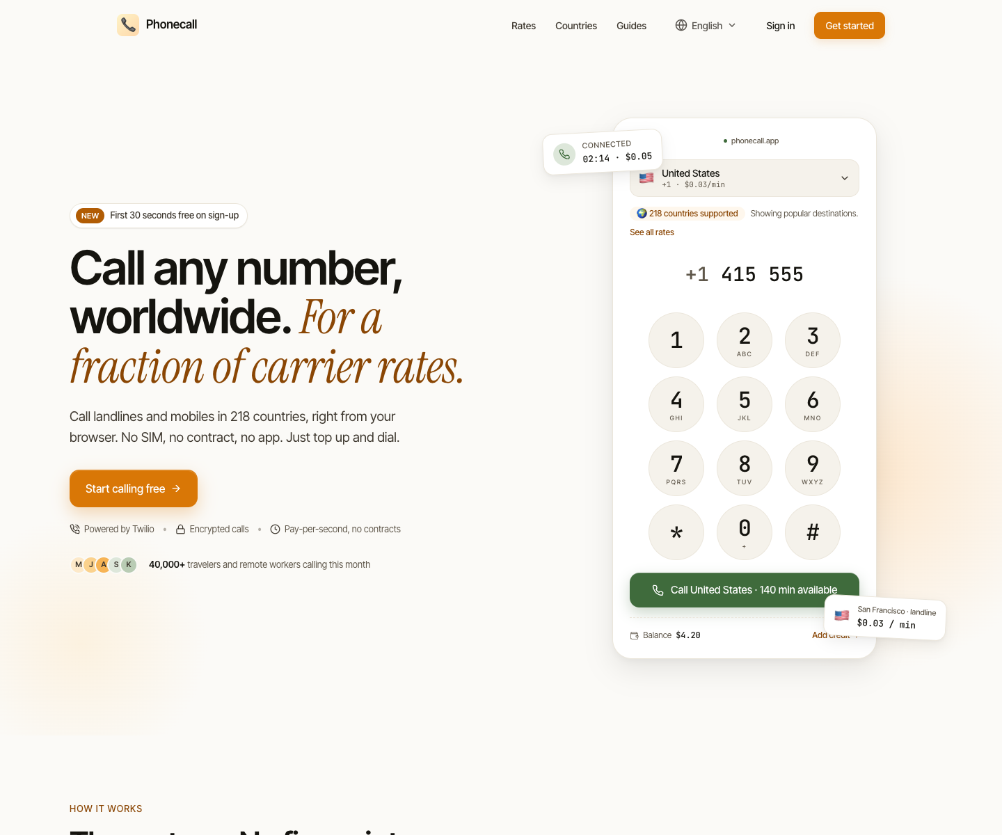 Phonecall App landing page screenshot
