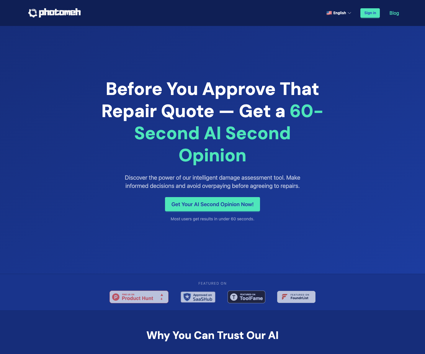 PhotoMeh landing page screenshot