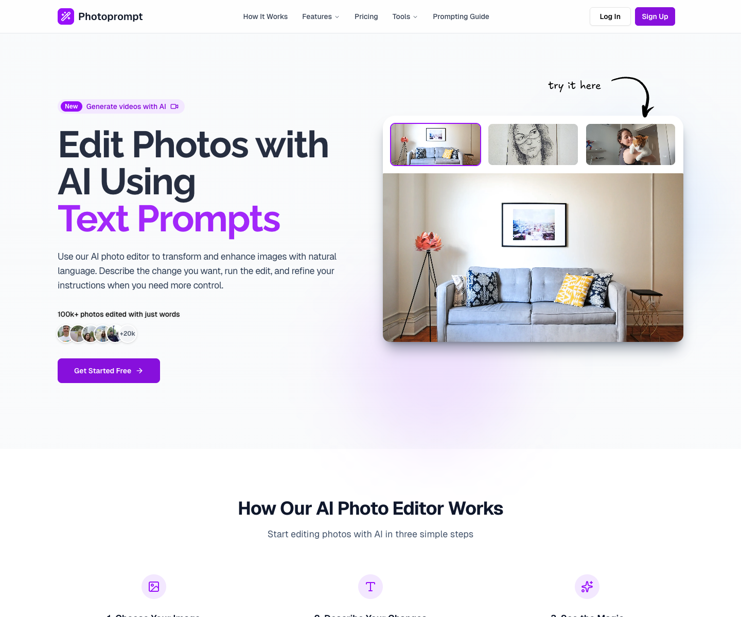 PhotoPrompt landing page screenshot