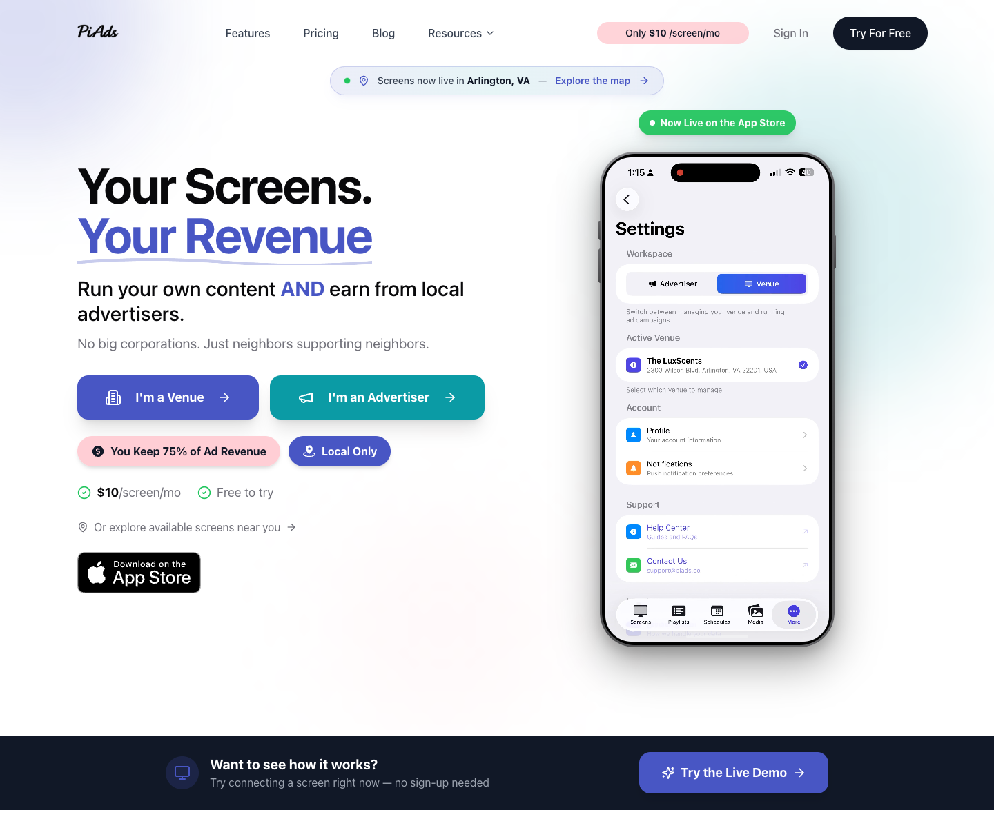 PiAds landing page screenshot