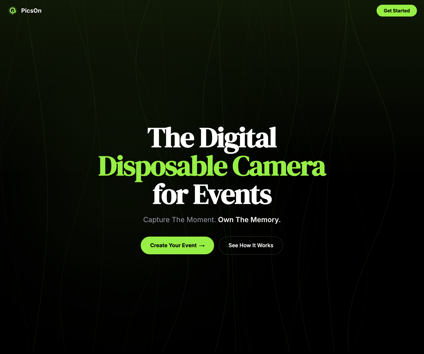 PicsOn landing page screenshot