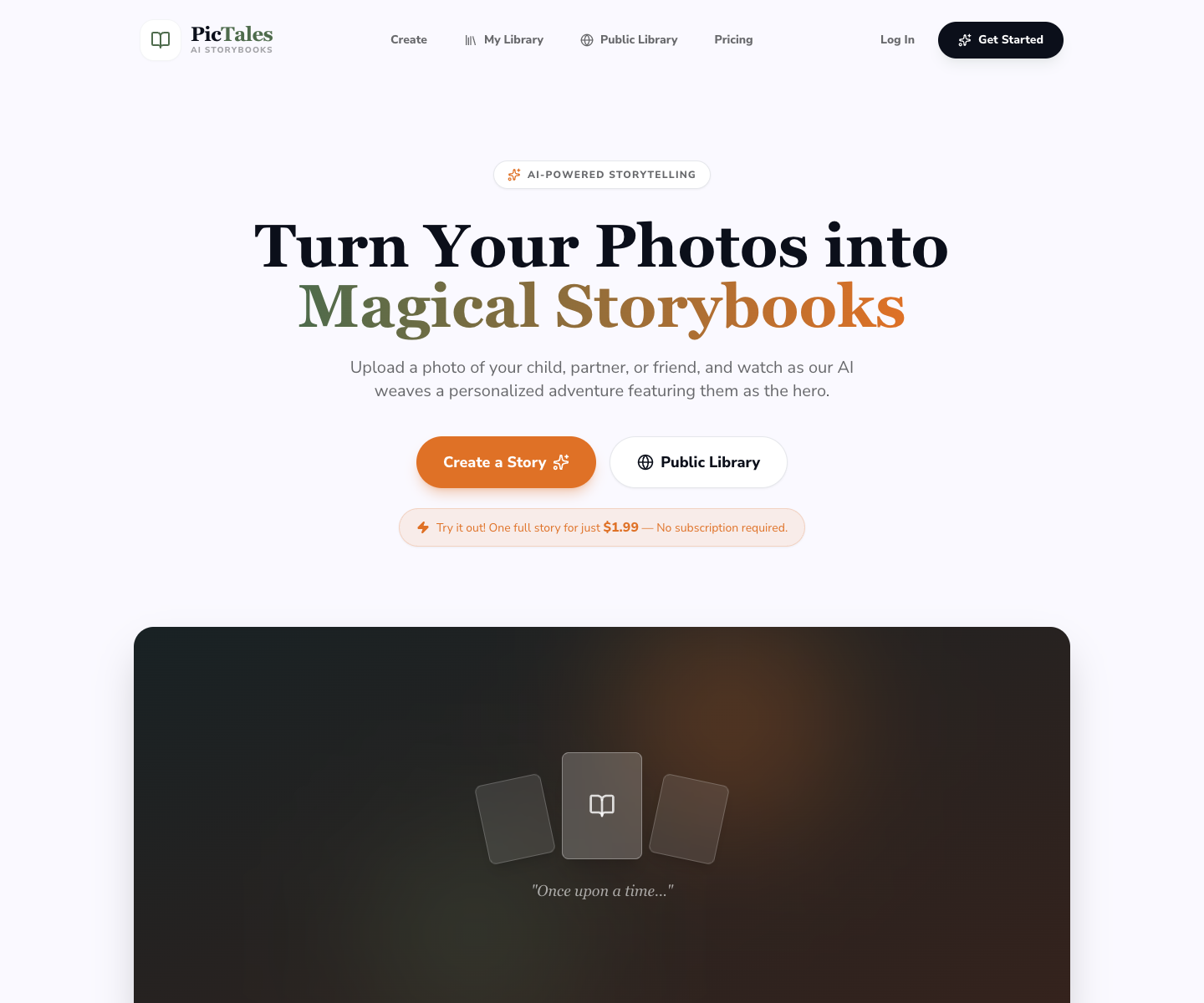 PicTales landing page screenshot
