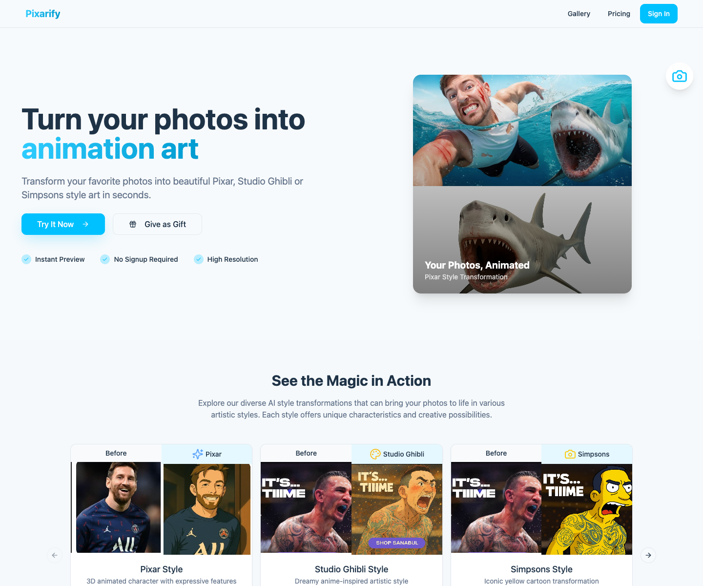 pixarify landing page screenshot