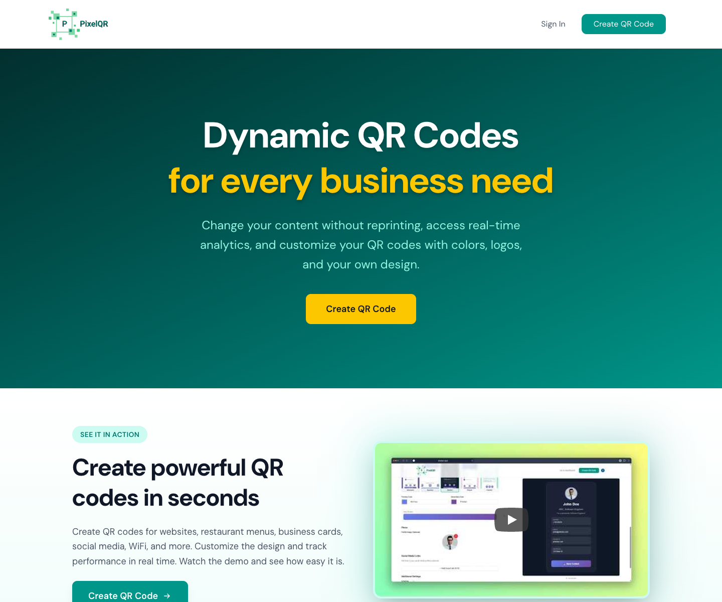PixelQR landing page screenshot
