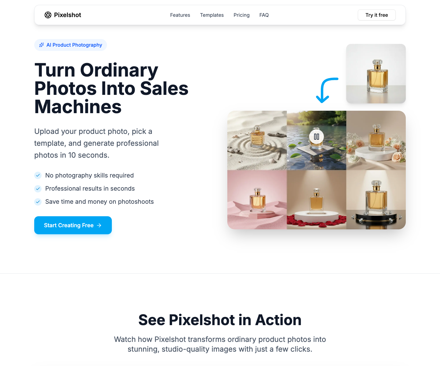 Pixelshot landing page screenshot