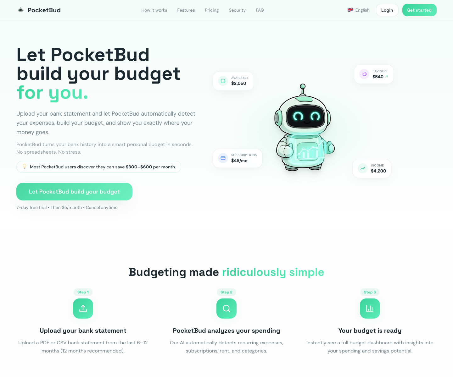 PocketBud landing page screenshot