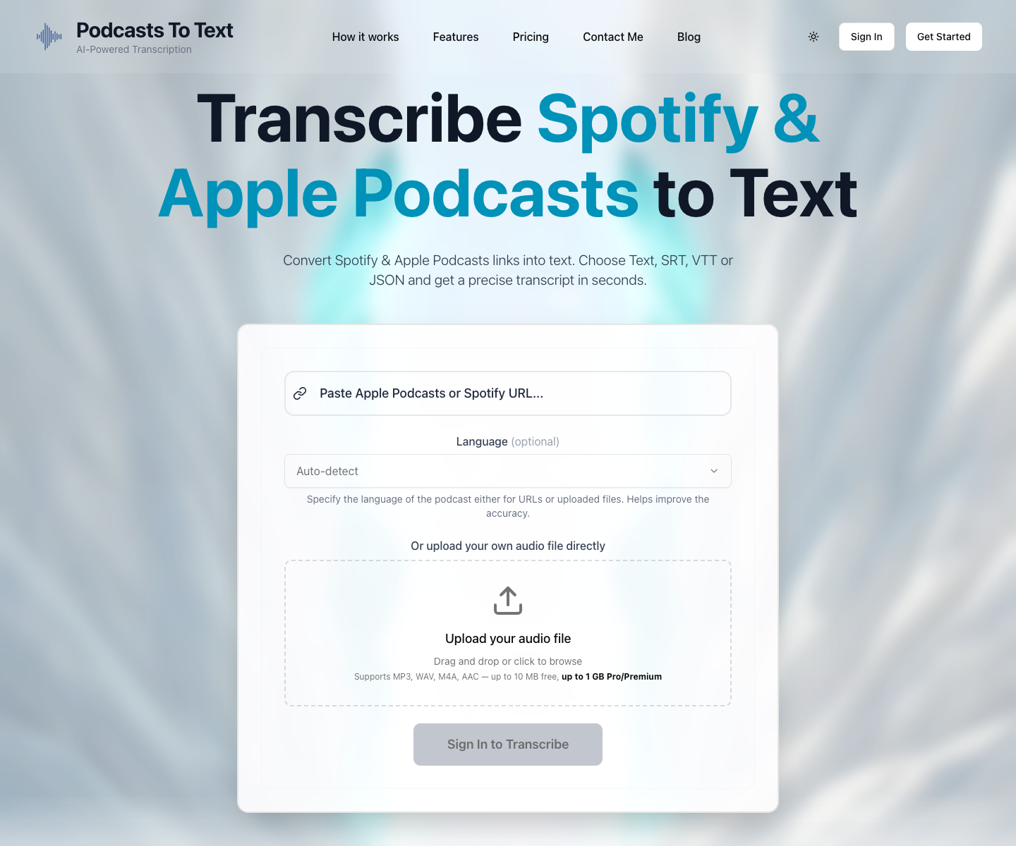 Podcasts To Text landing page screenshot