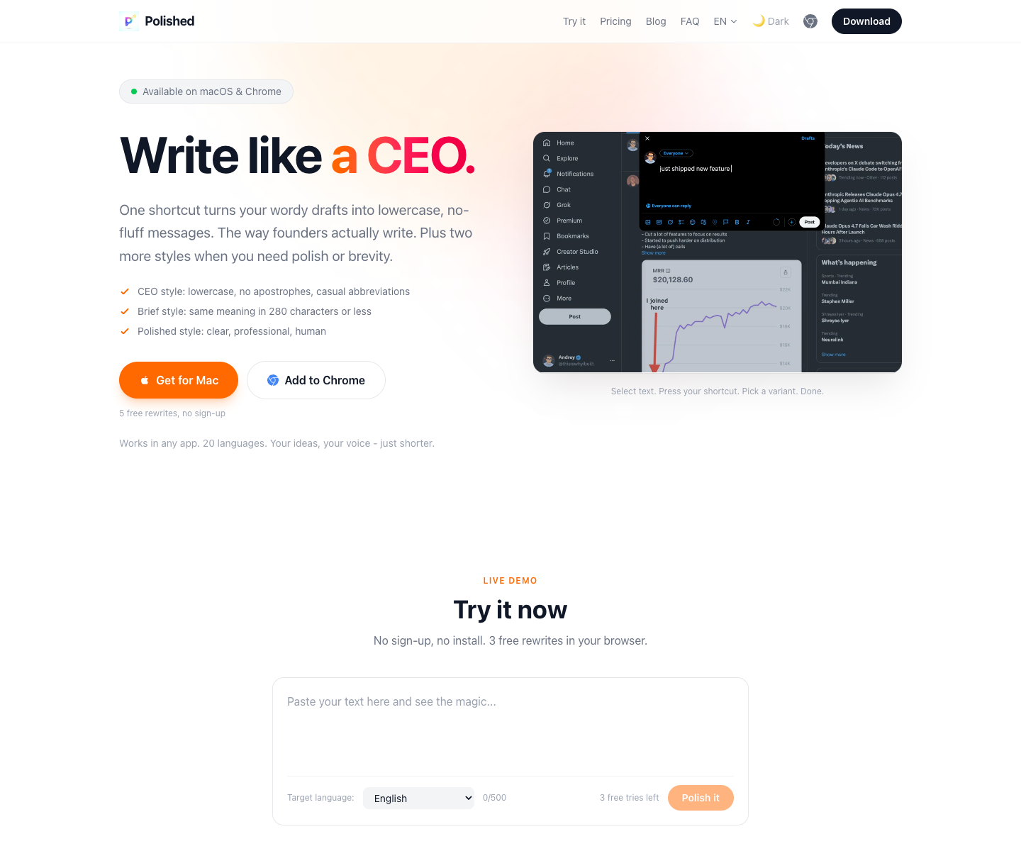 Polished: Smart Text Rewriter landing page screenshot