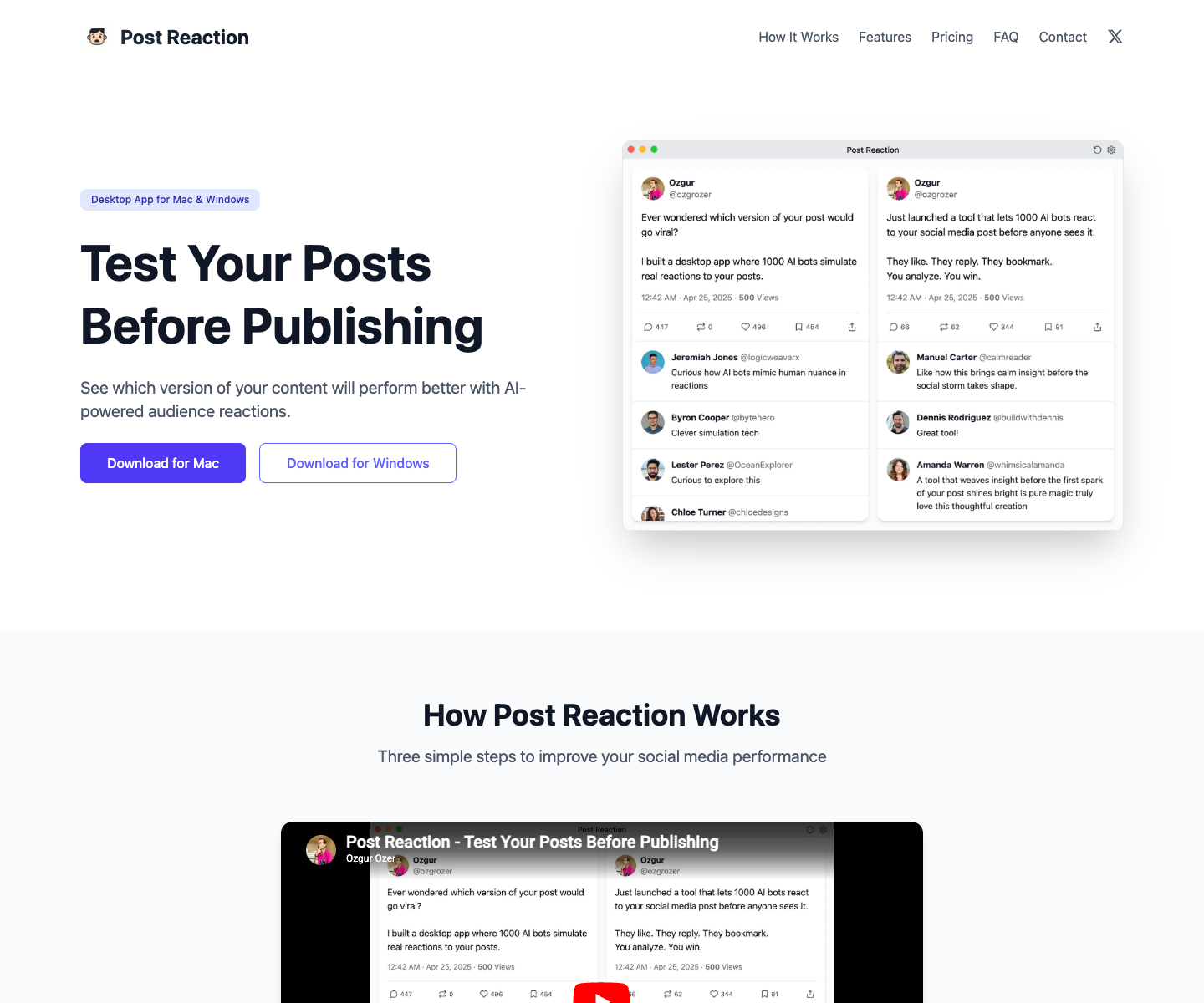 Post Reaction landing page screenshot
