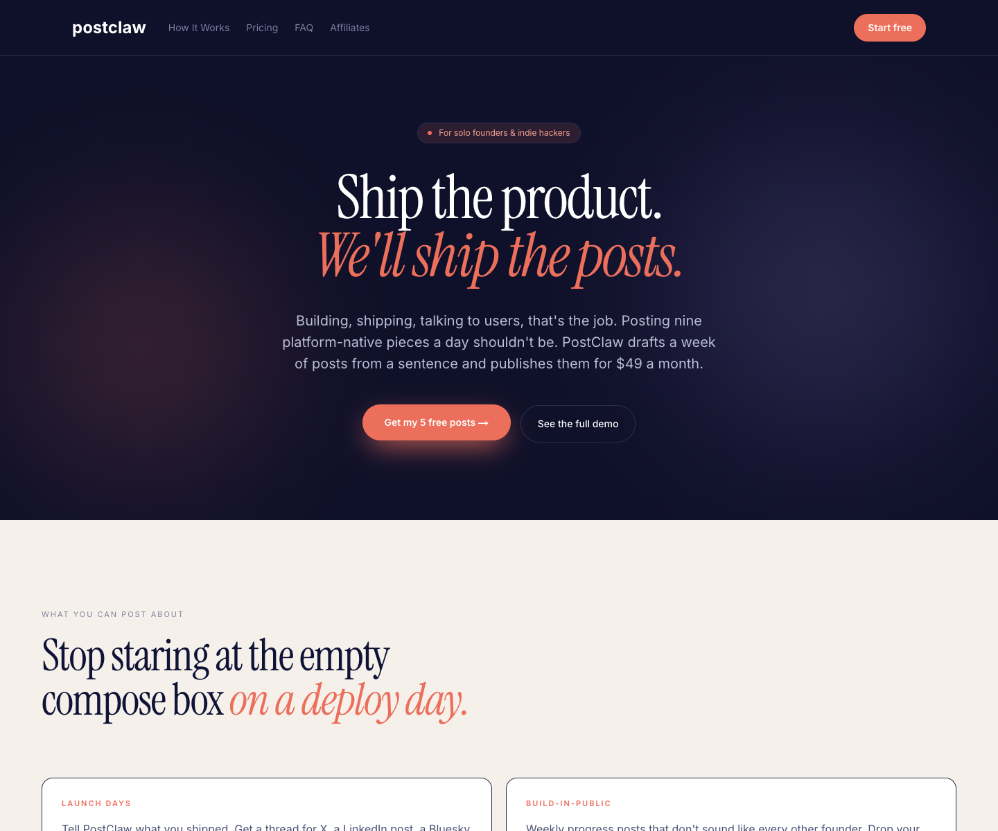 PostClaw landing page screenshot