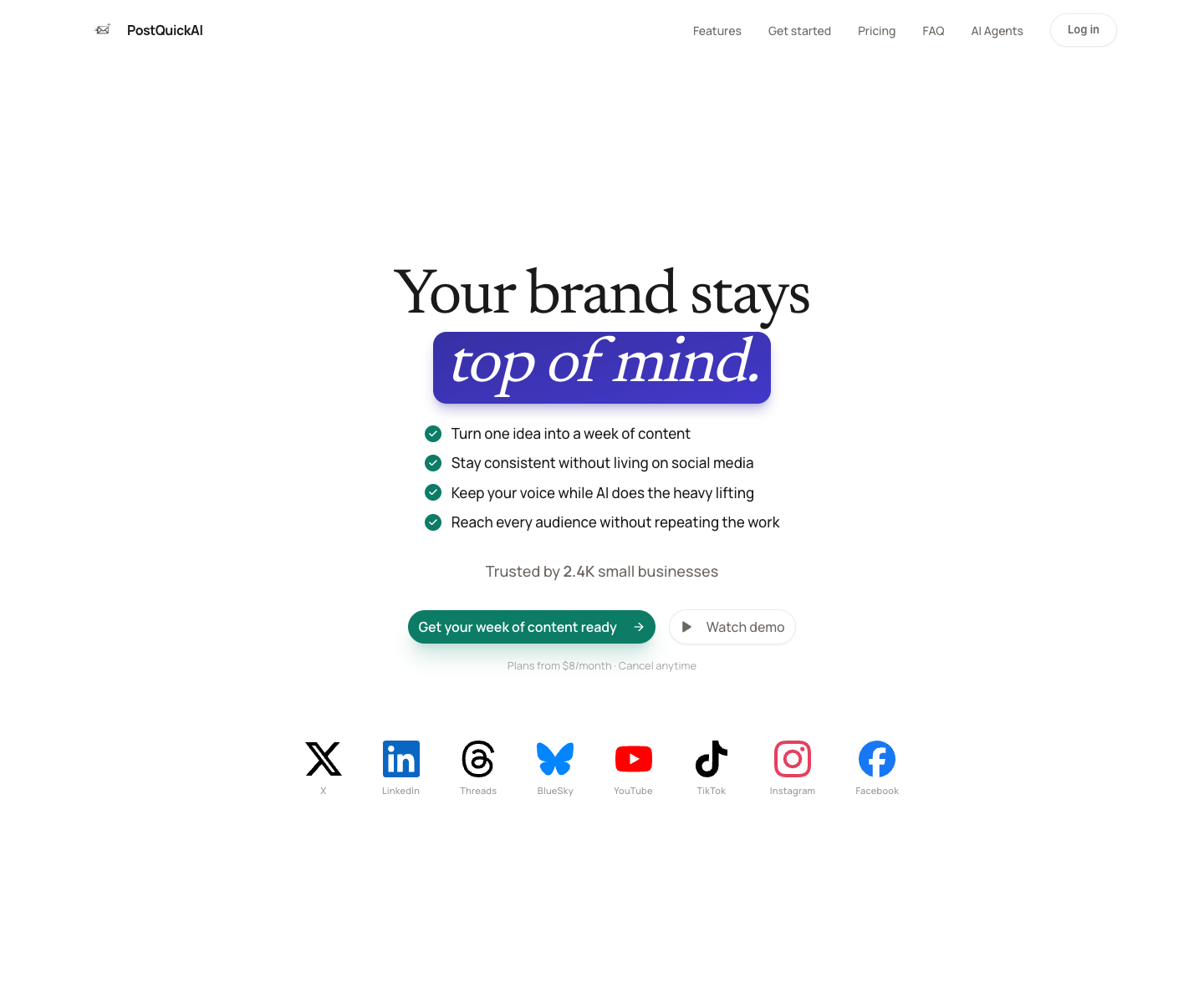 PostQuickAI landing page screenshot