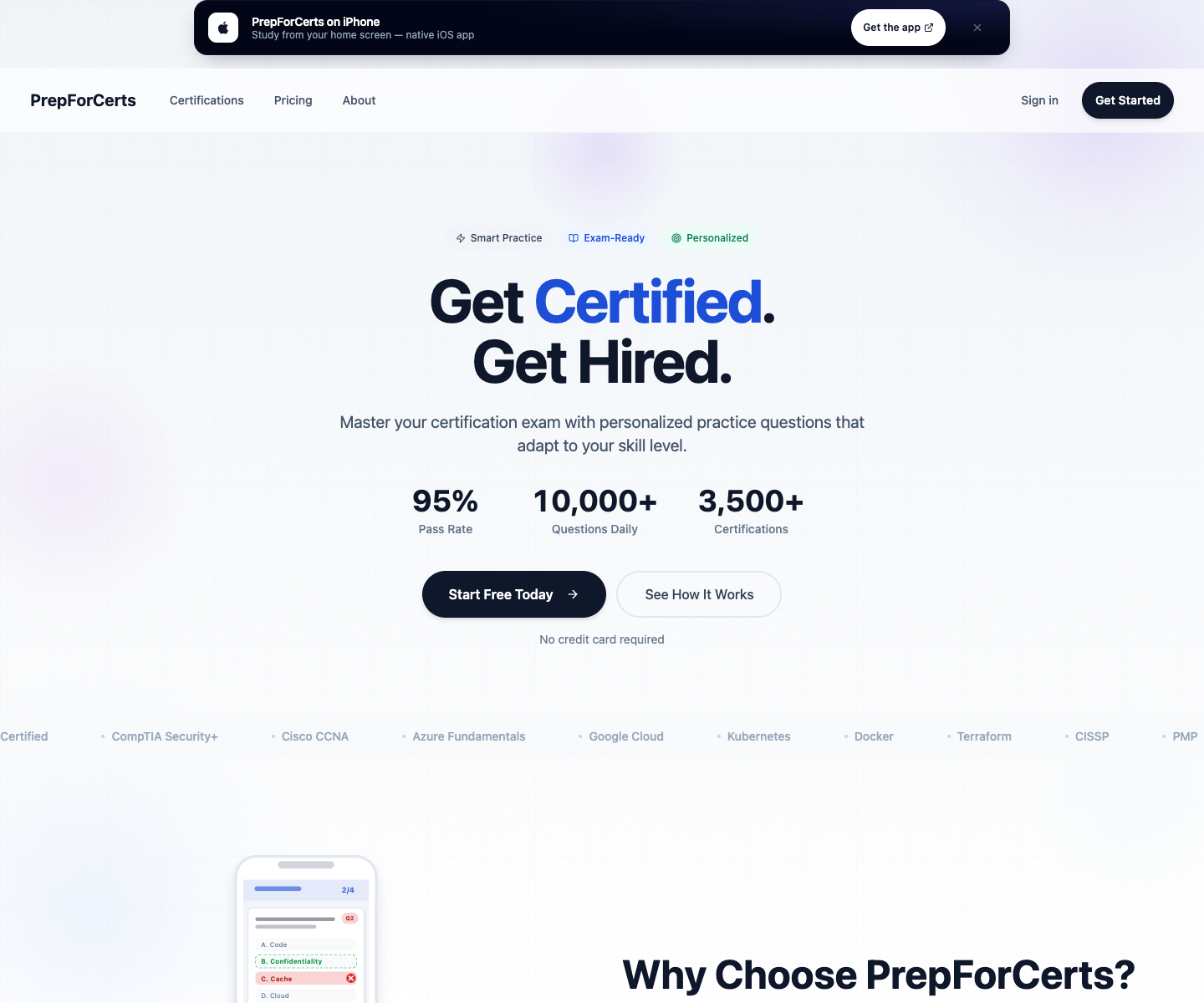 Prep For Certs landing page screenshot
