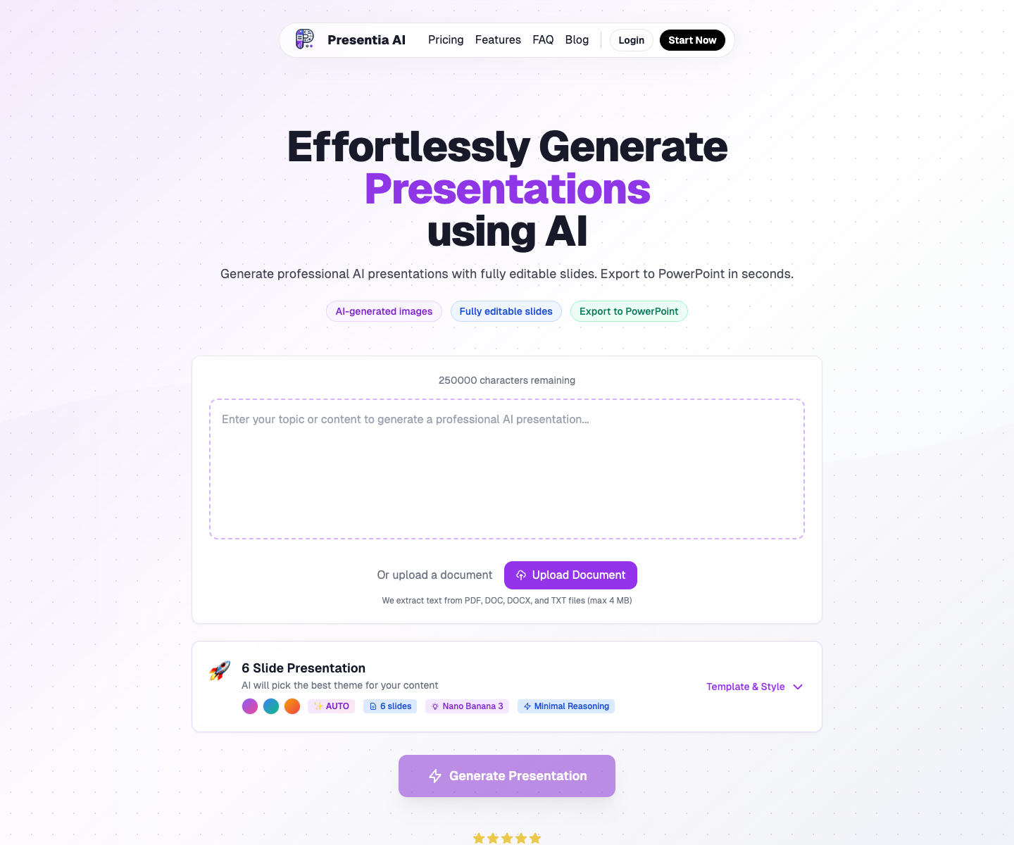 Presentia AI landing page screenshot