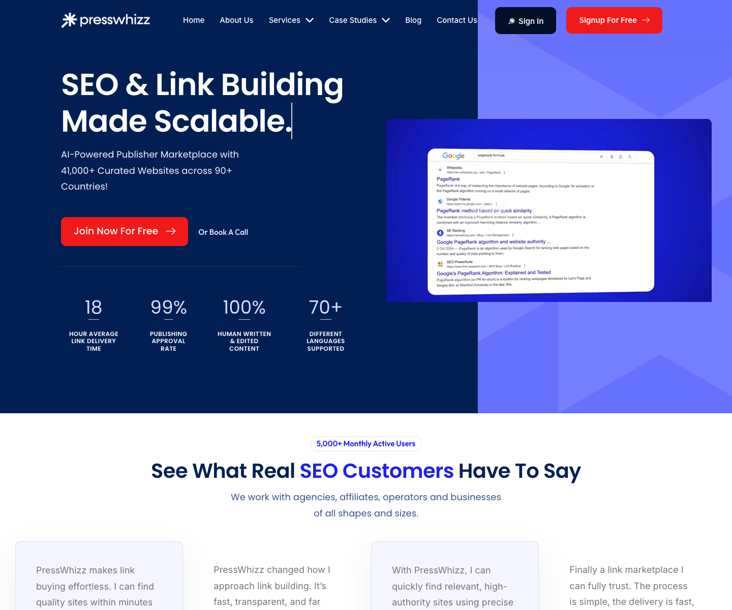 PressWhizz landing page screenshot