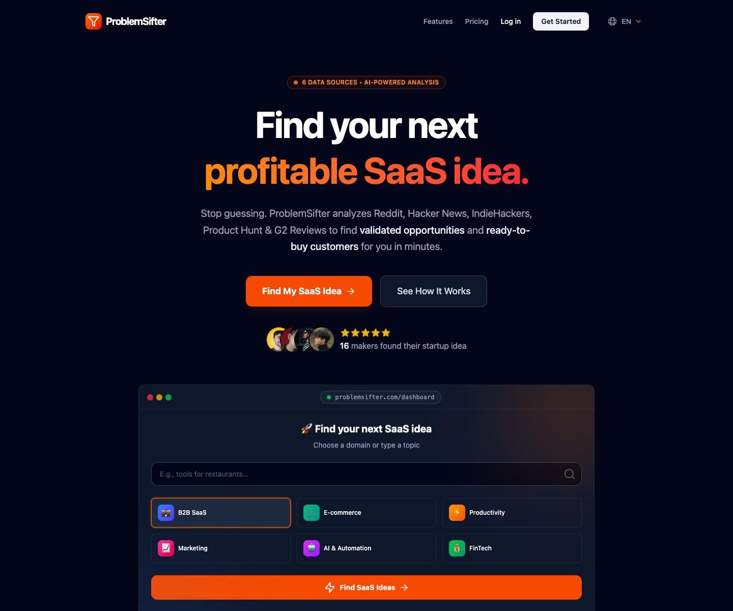 ProblemSifter landing page screenshot