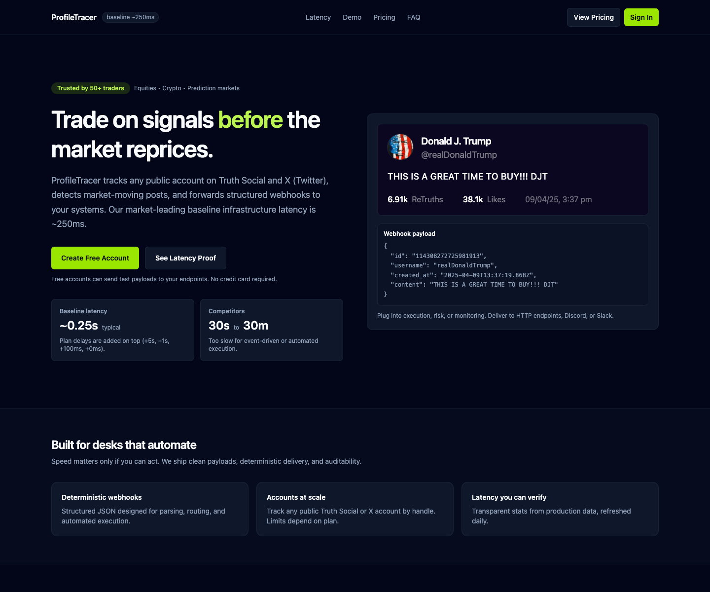 Profile Tracer landing page screenshot