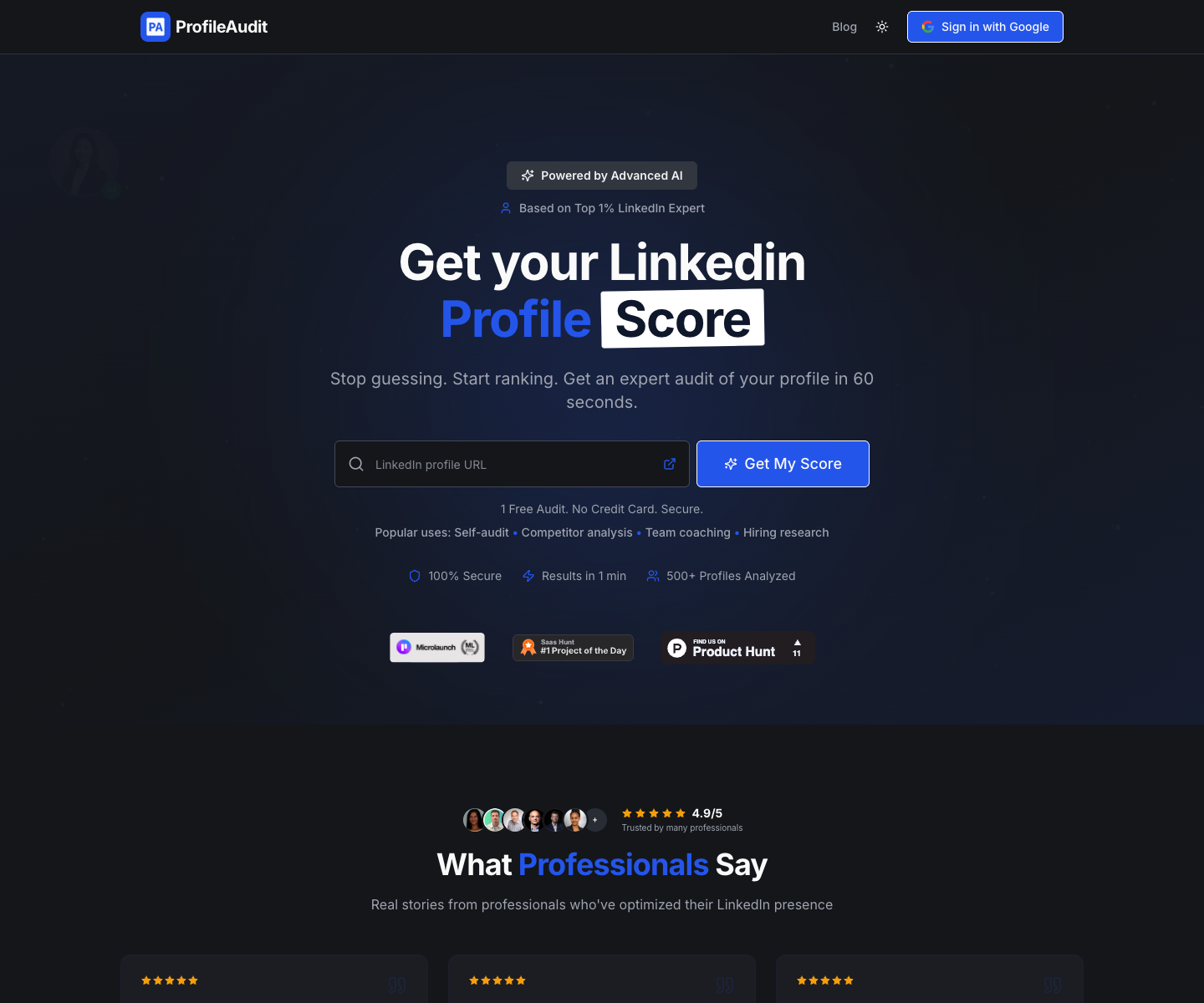 ProfileAudit landing page screenshot