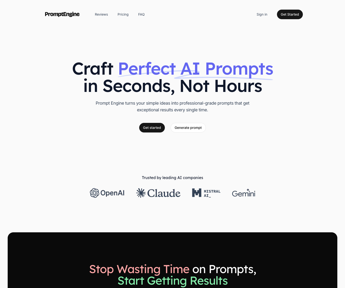 Prompt Engine landing page screenshot