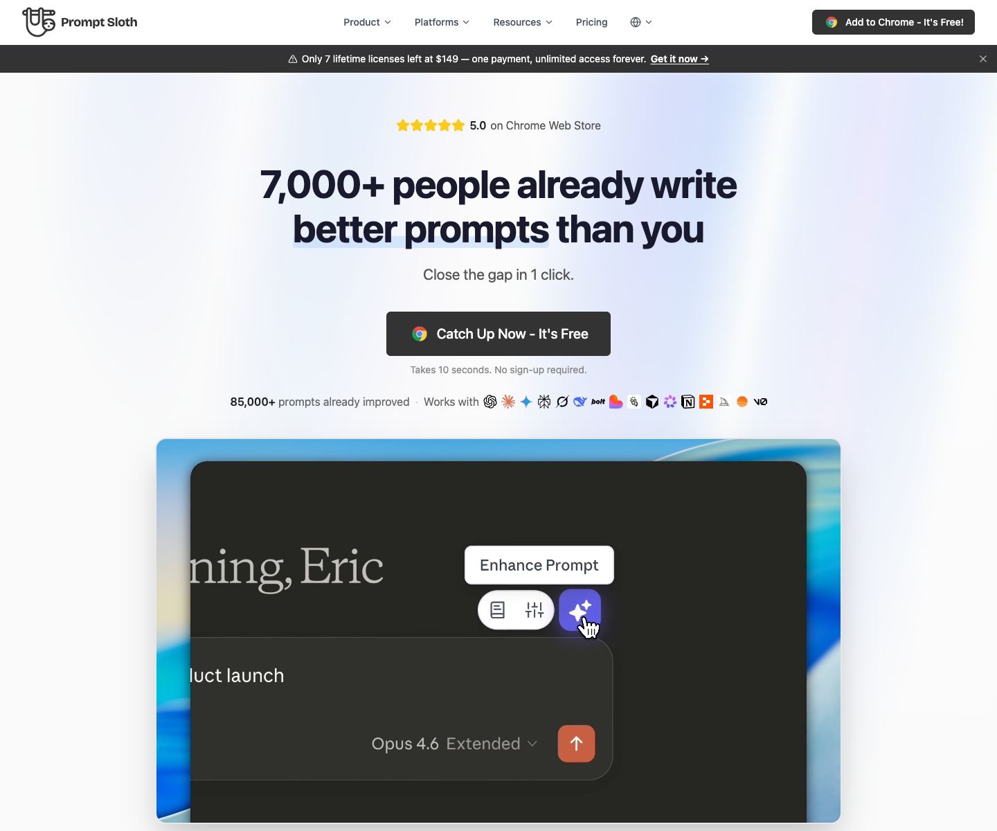 Prompt Sloth landing page screenshot