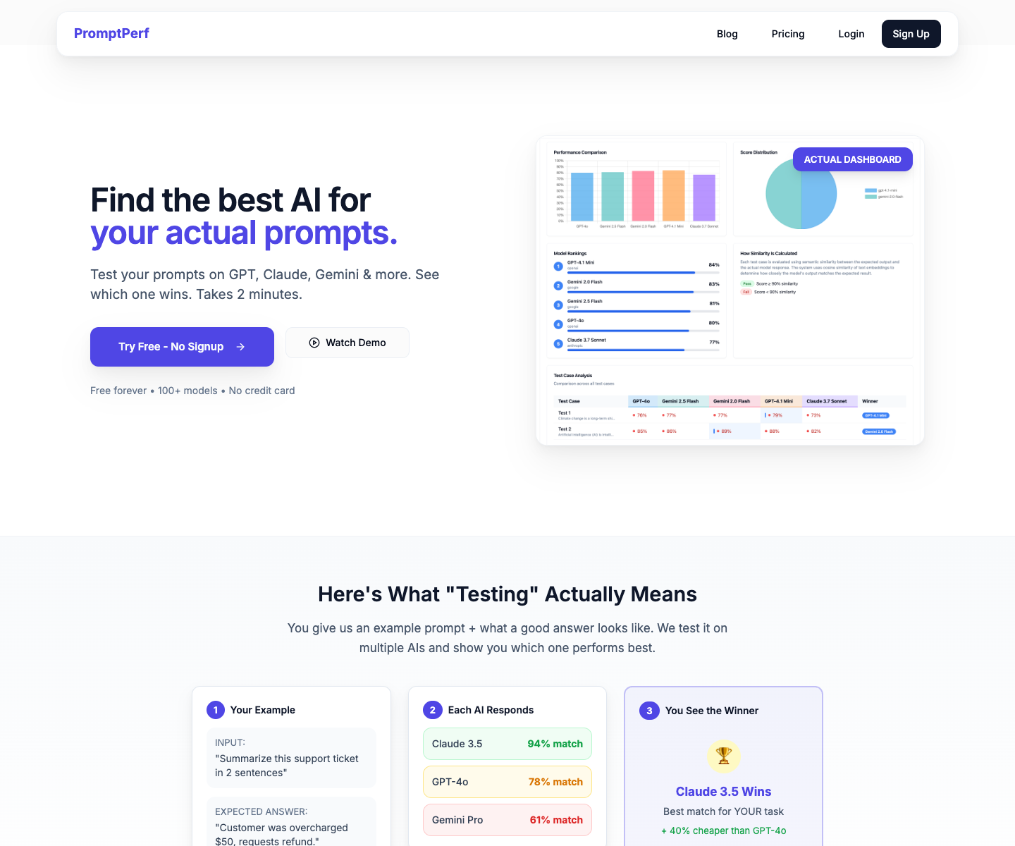PromptPerf landing page screenshot
