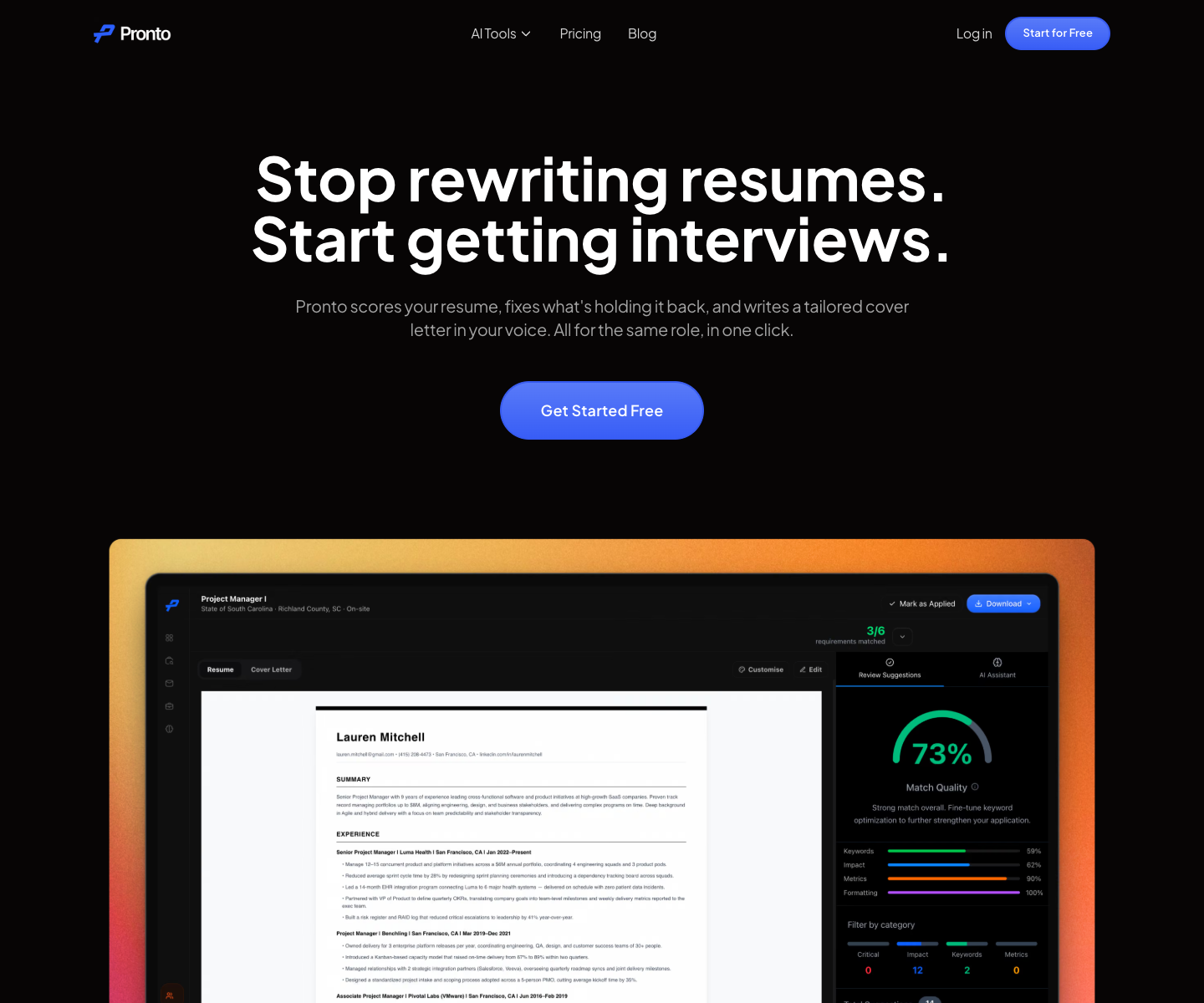 Pronto landing page screenshot