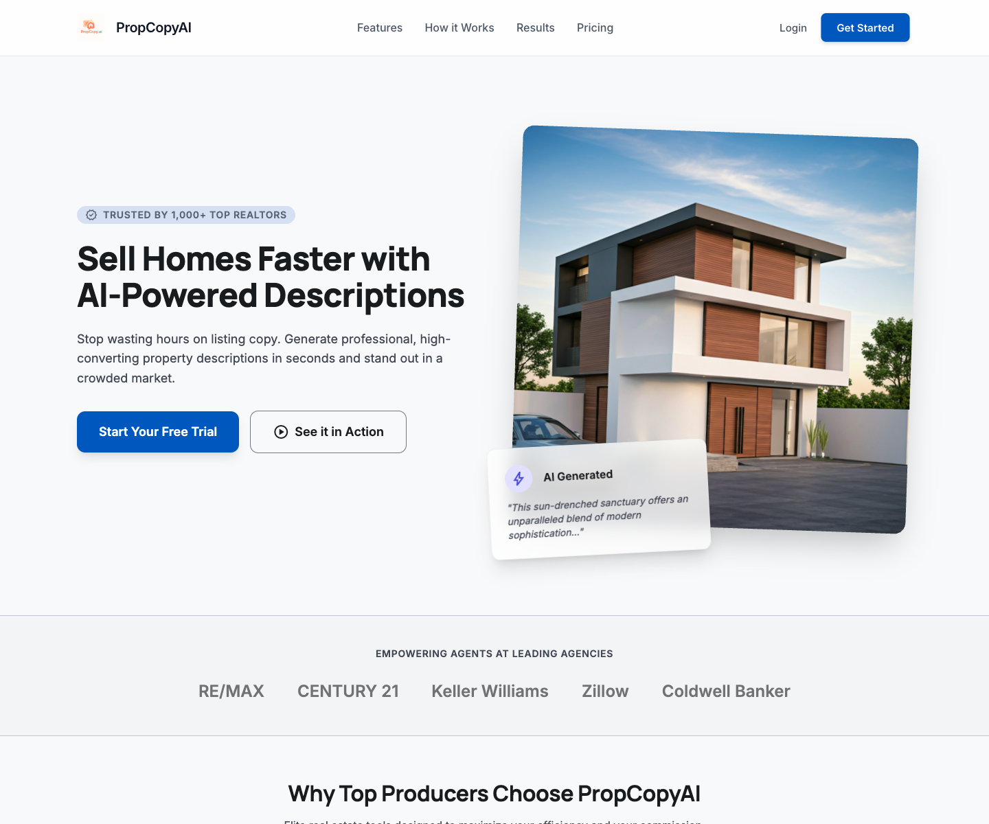 PropCopyAI landing page screenshot