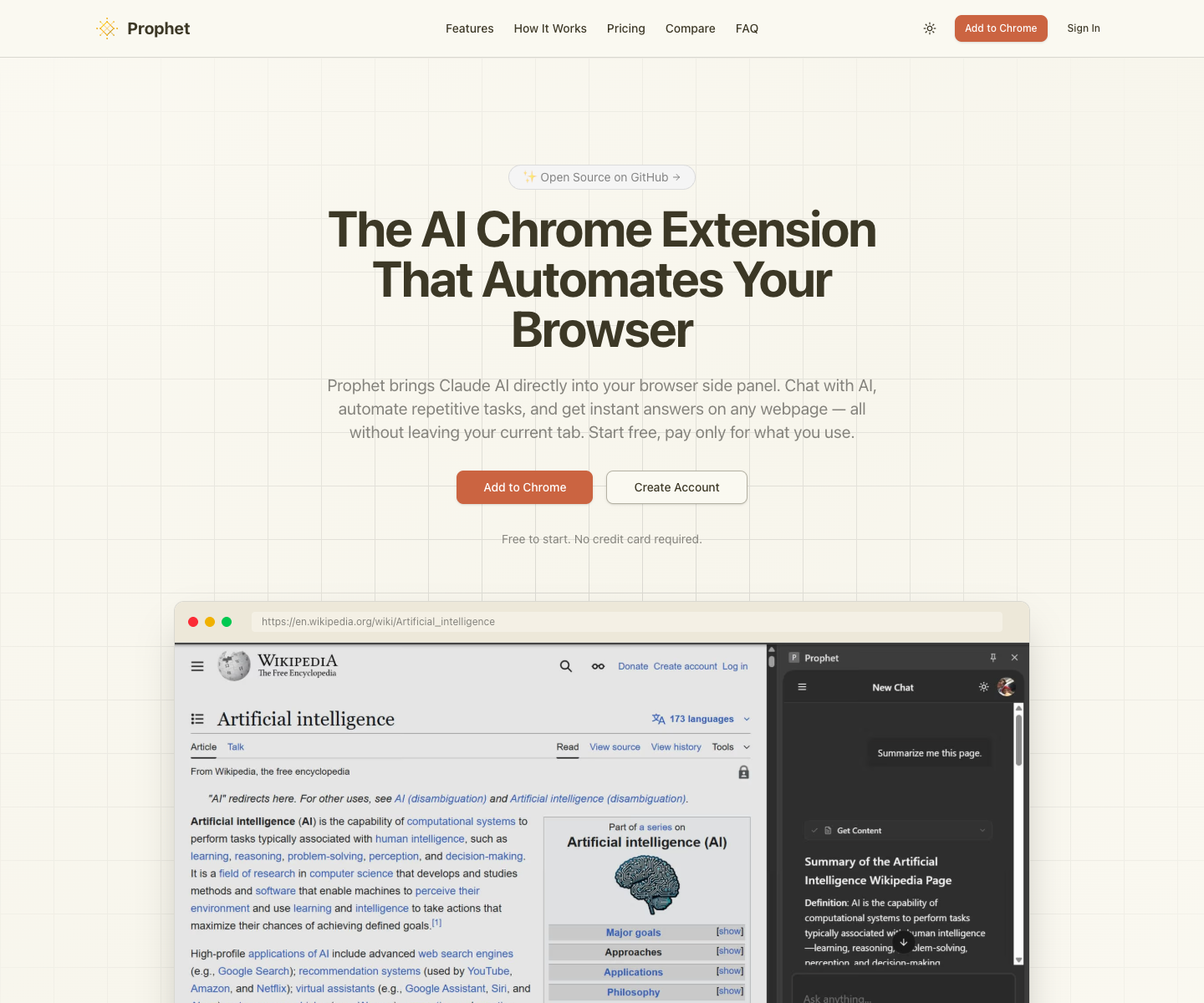 Prophet landing page screenshot