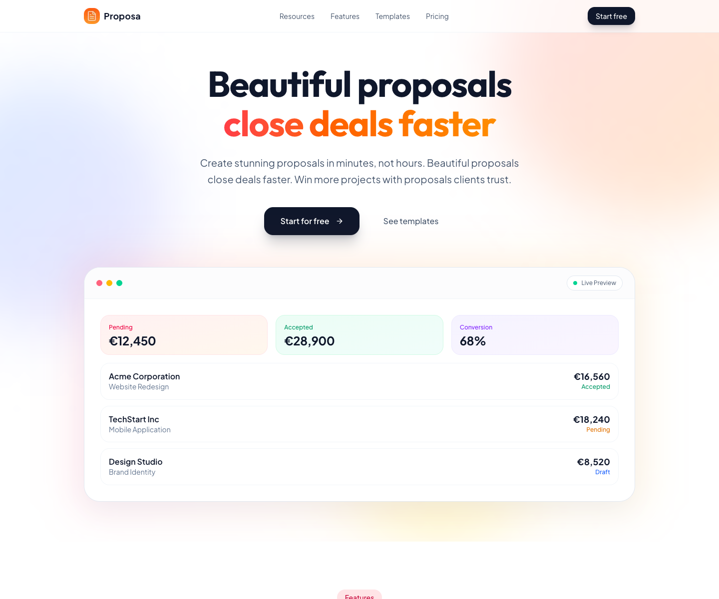 Proposa landing page screenshot