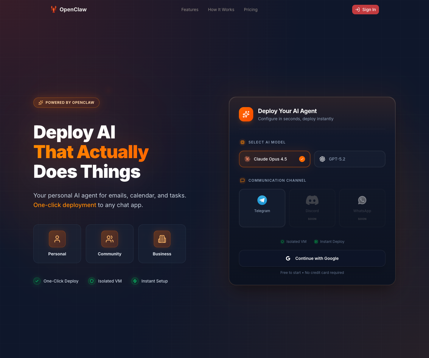 QuickClaw landing page screenshot