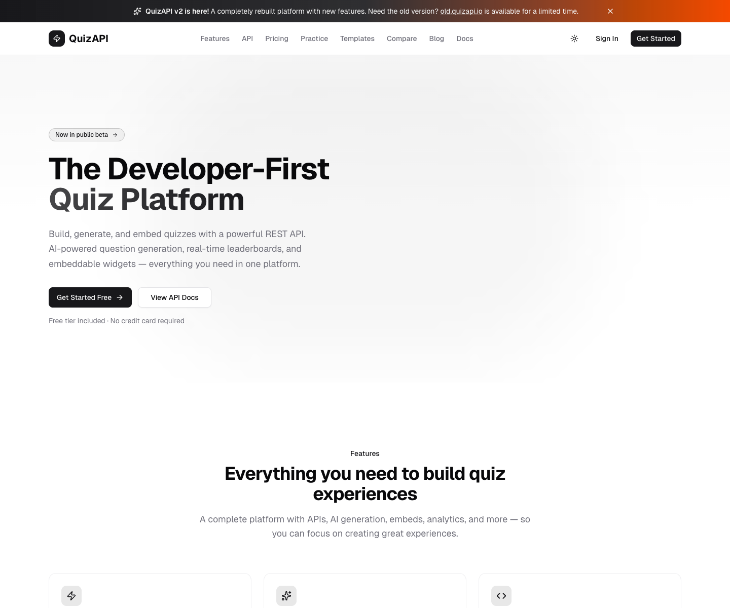 Quiz API landing page screenshot