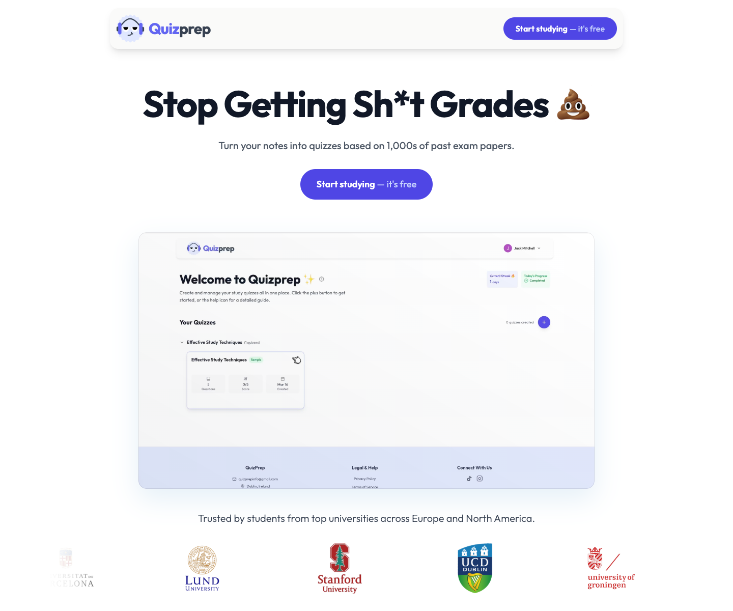 Quizprep landing page screenshot