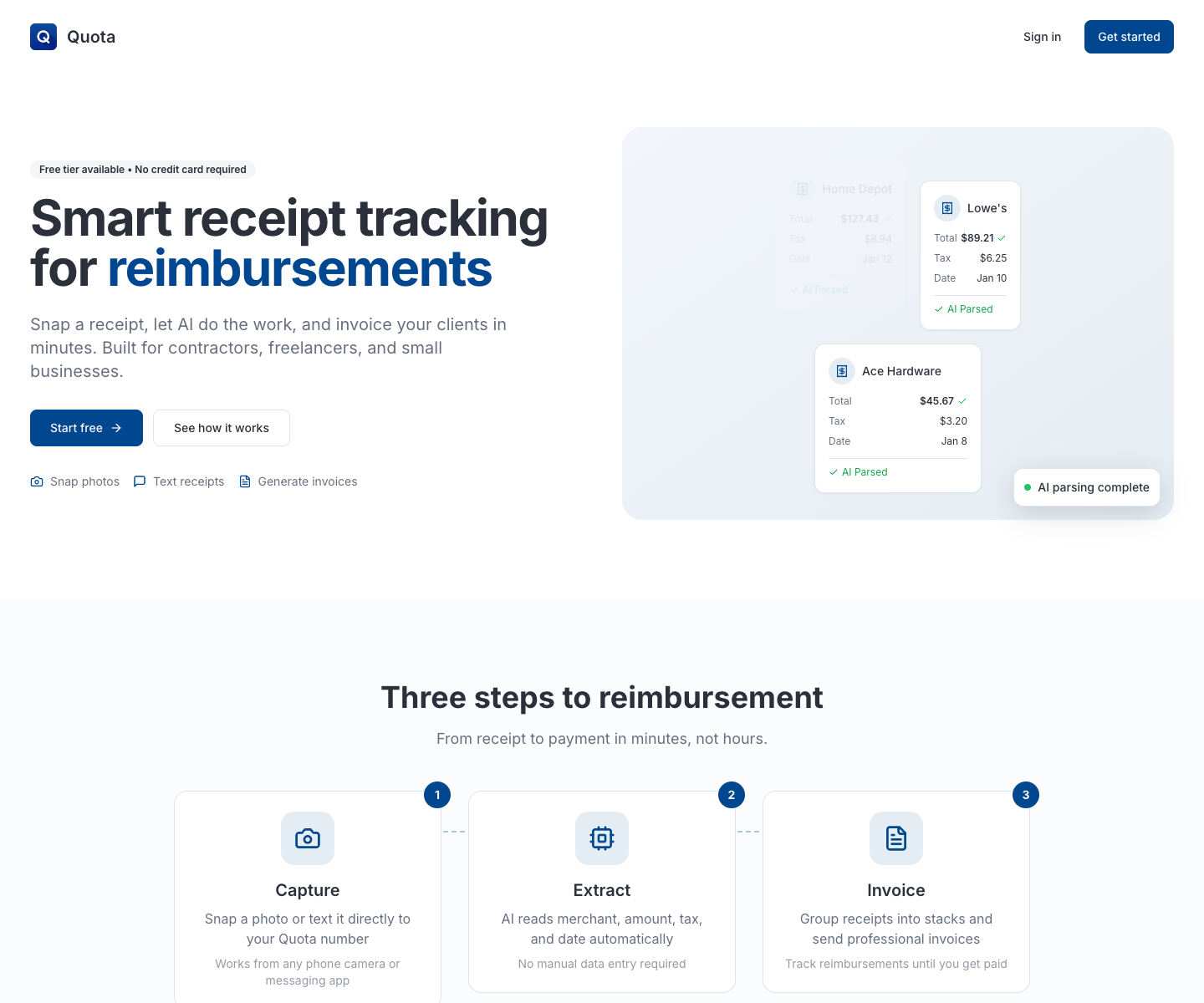 Quota landing page screenshot