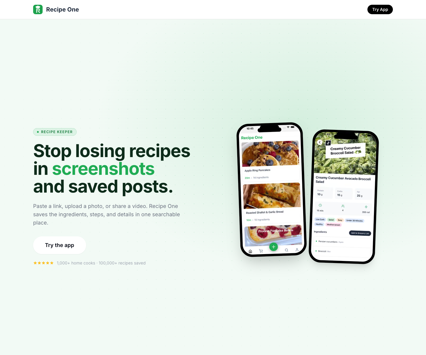 Recipe One landing page screenshot