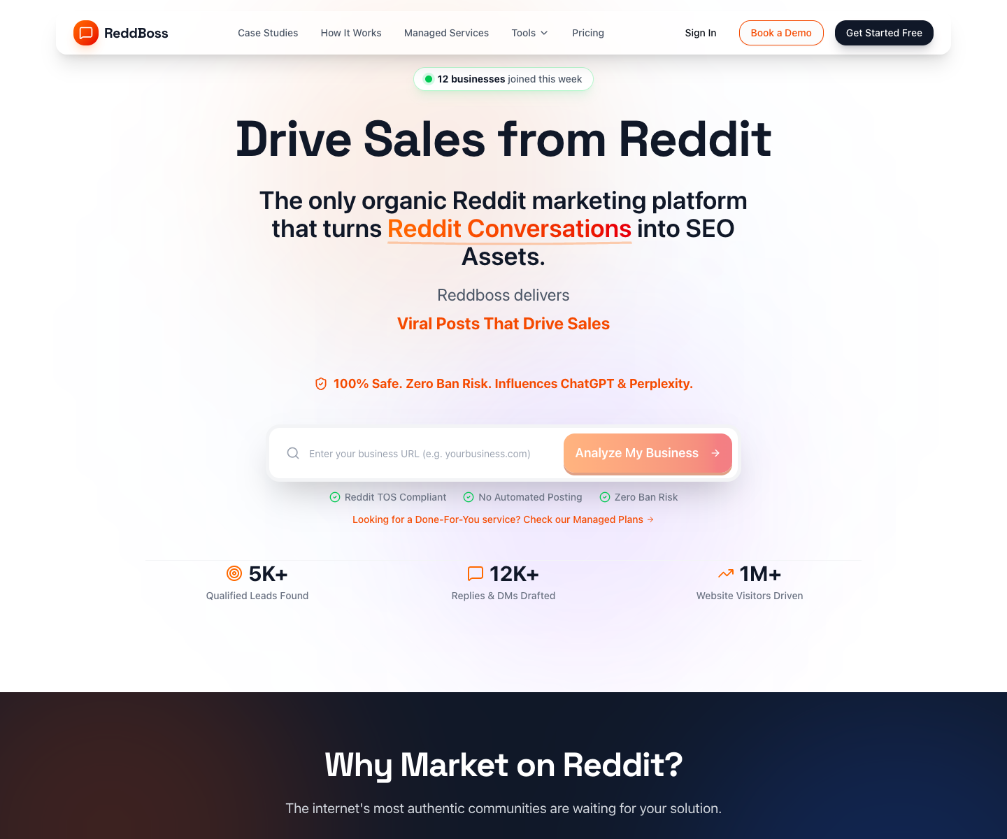 ReddBoss landing page screenshot