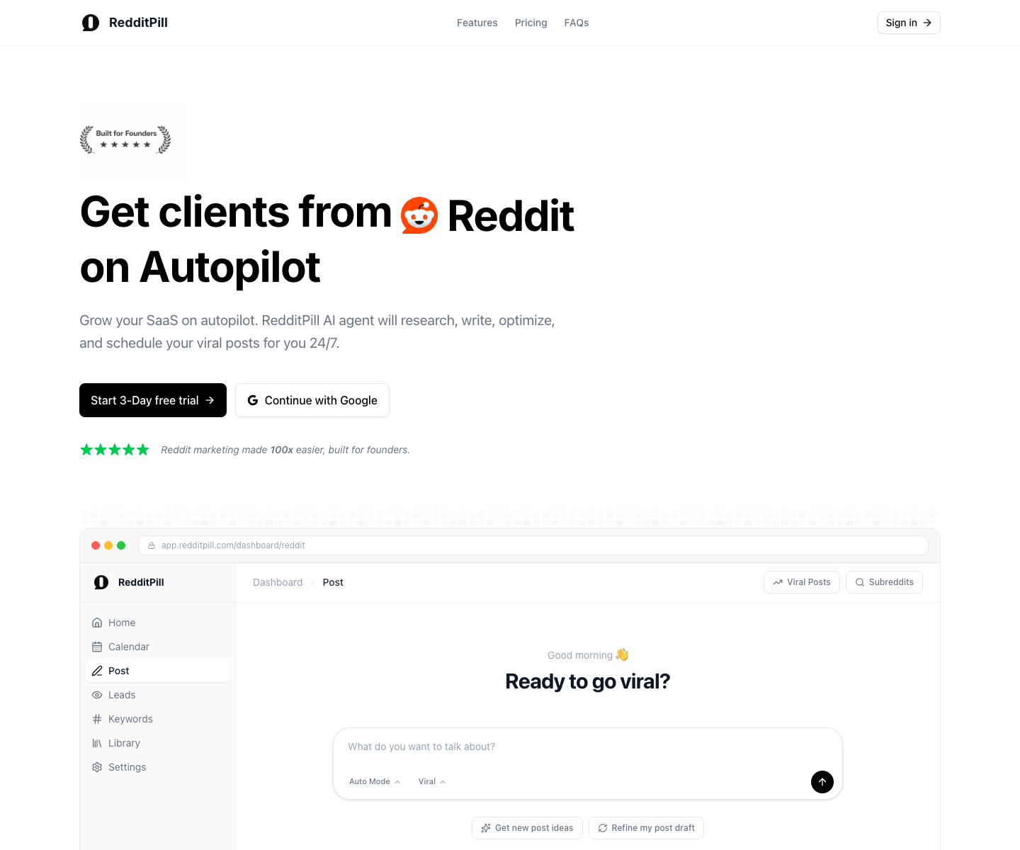 RedditPill landing page screenshot